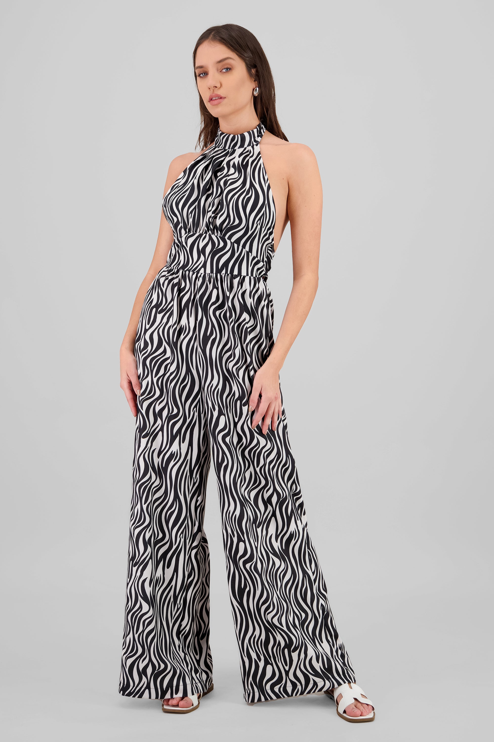 Halter Zebra Print Jumpsuit BLACK COMBO