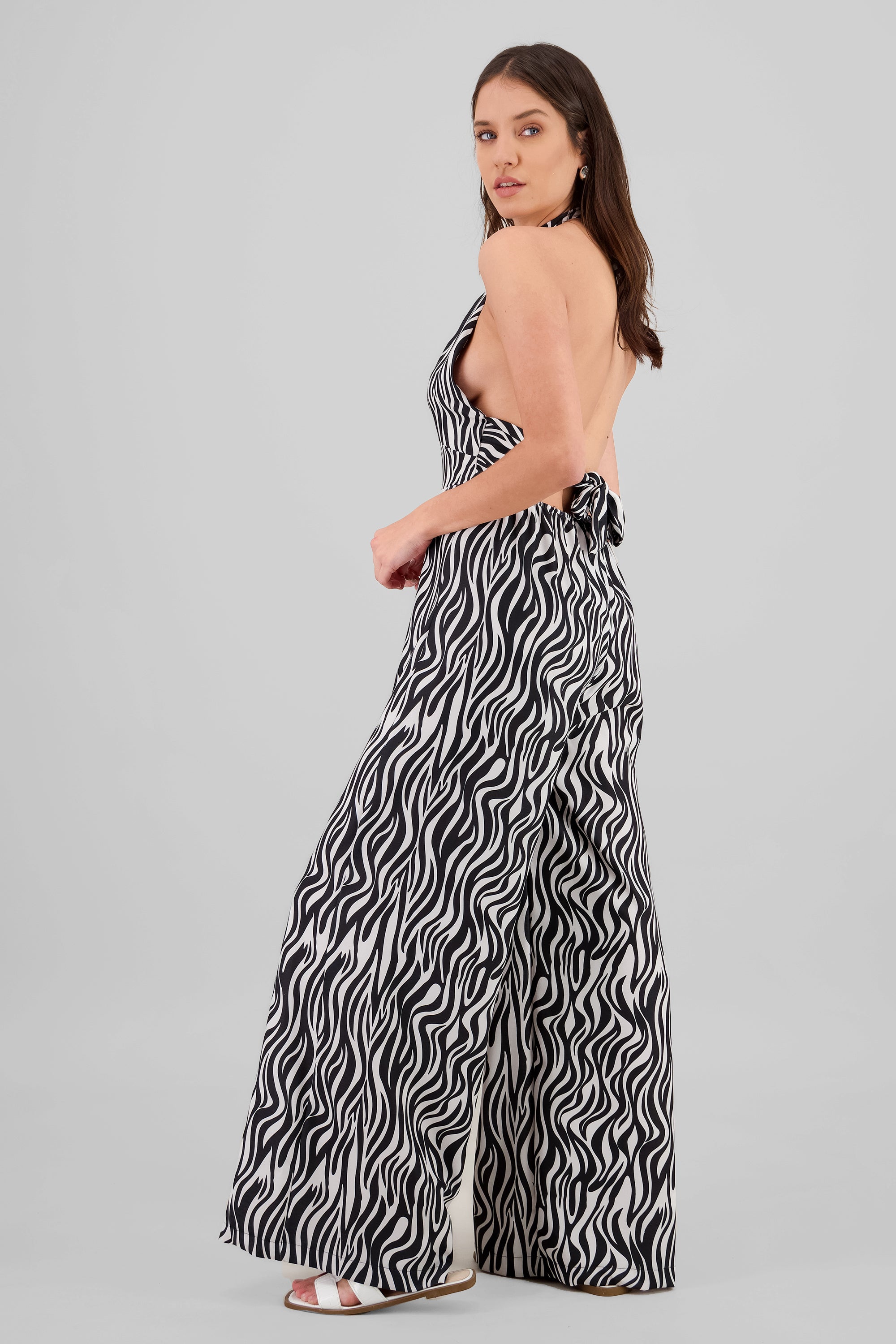 Halter Zebra Print Jumpsuit BLACK COMBO