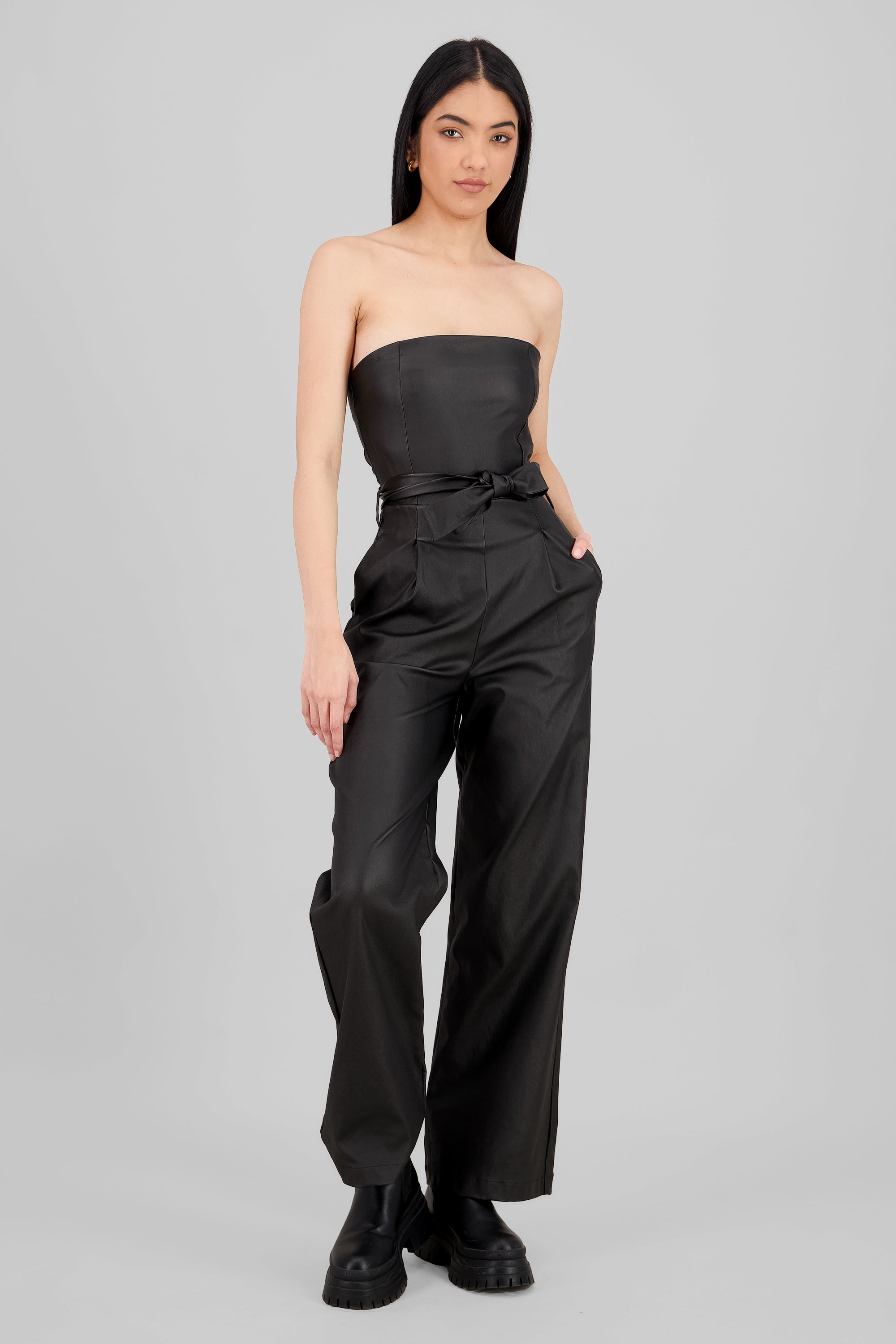 PU Strapless Jumpsuit BLACK