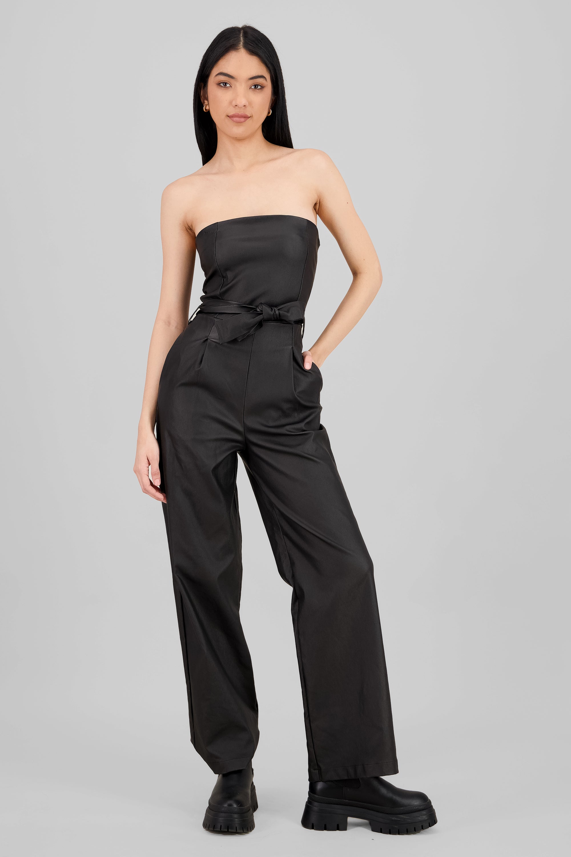 PU Strapless Jumpsuit BLACK