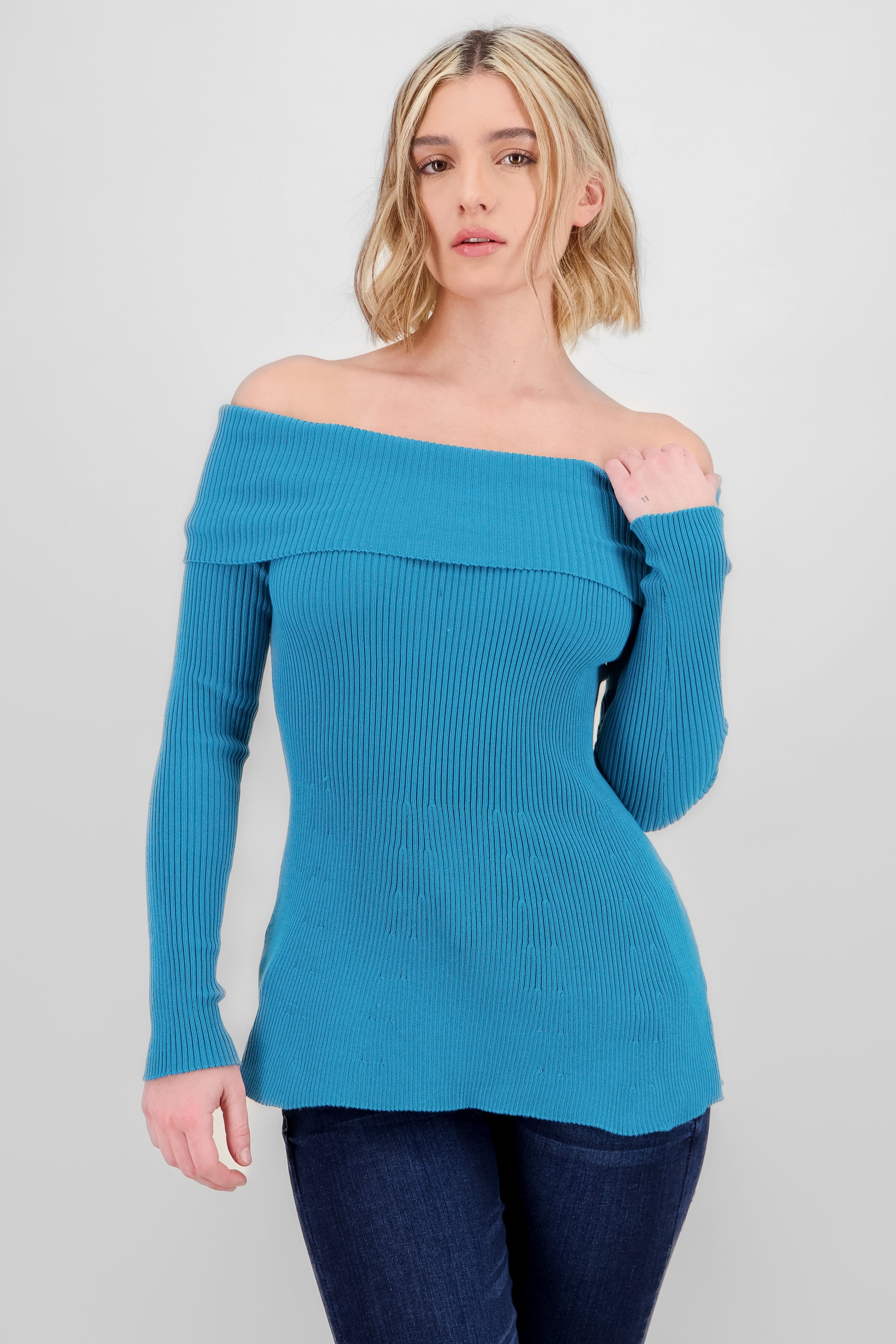 Off Shoulder Ribbed Knit Top TEAL