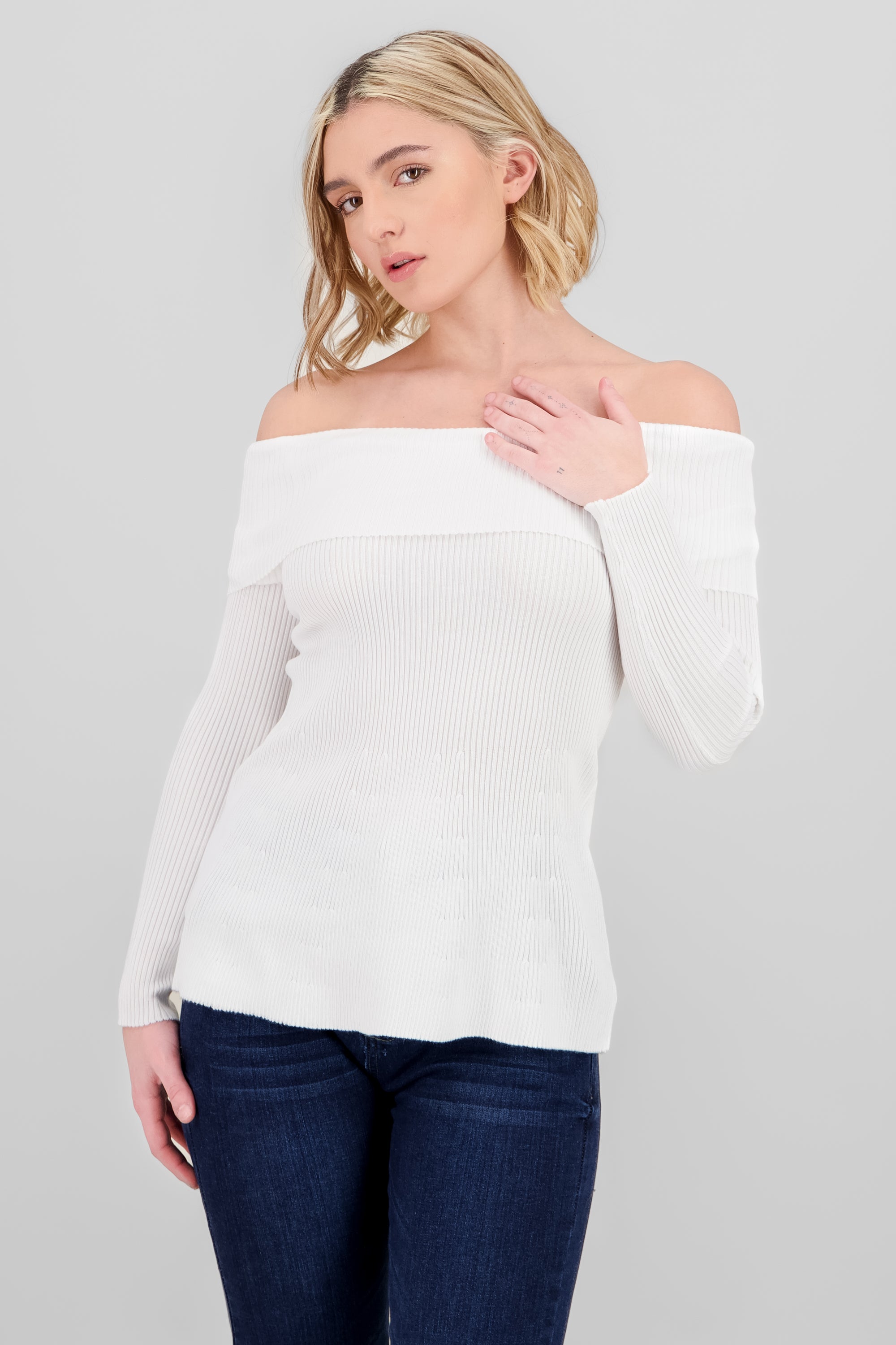 Off Shoulder Ribbed Knit Top WHITE