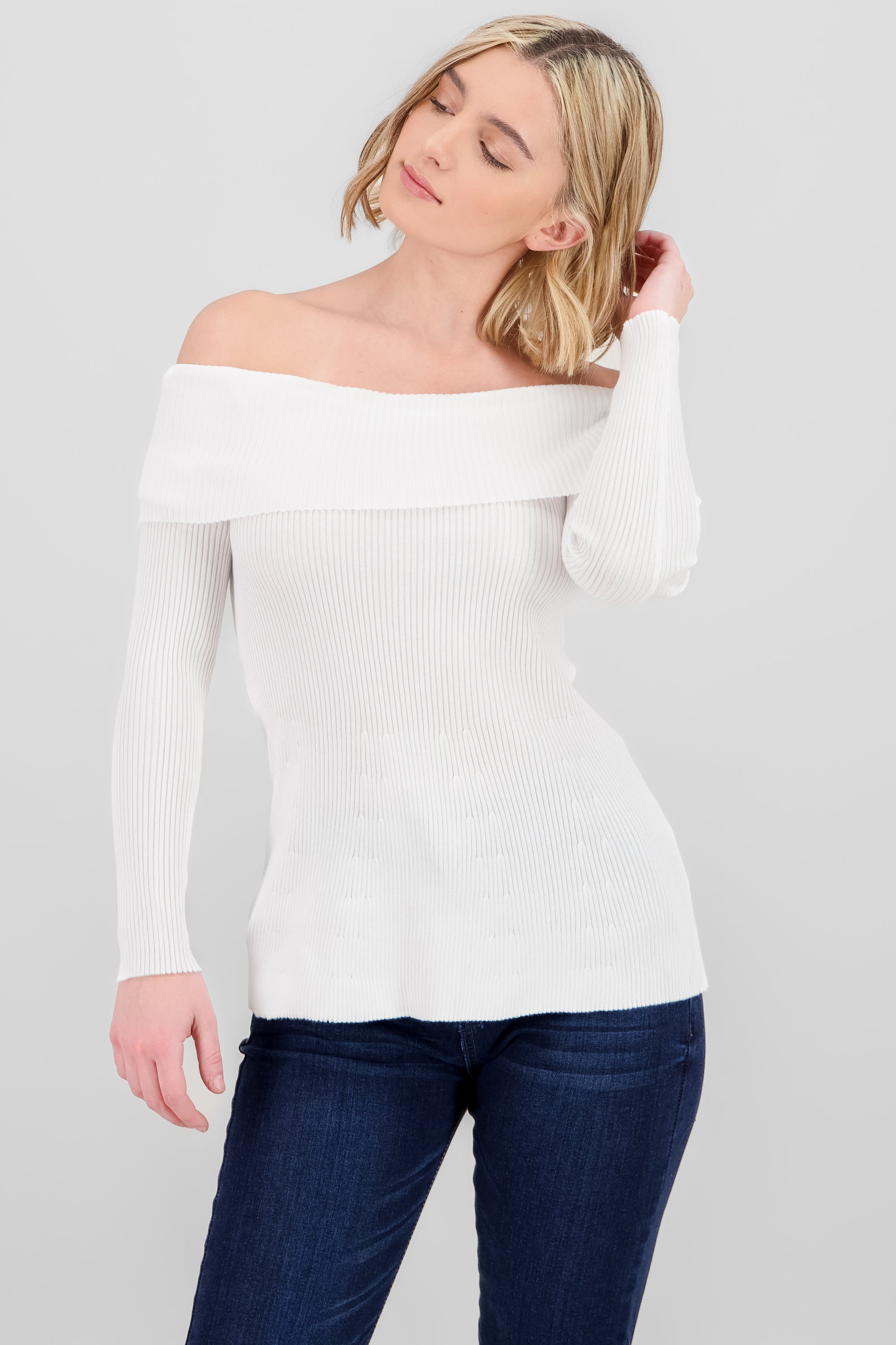 Off Shoulder Ribbed Knit Top WHITE