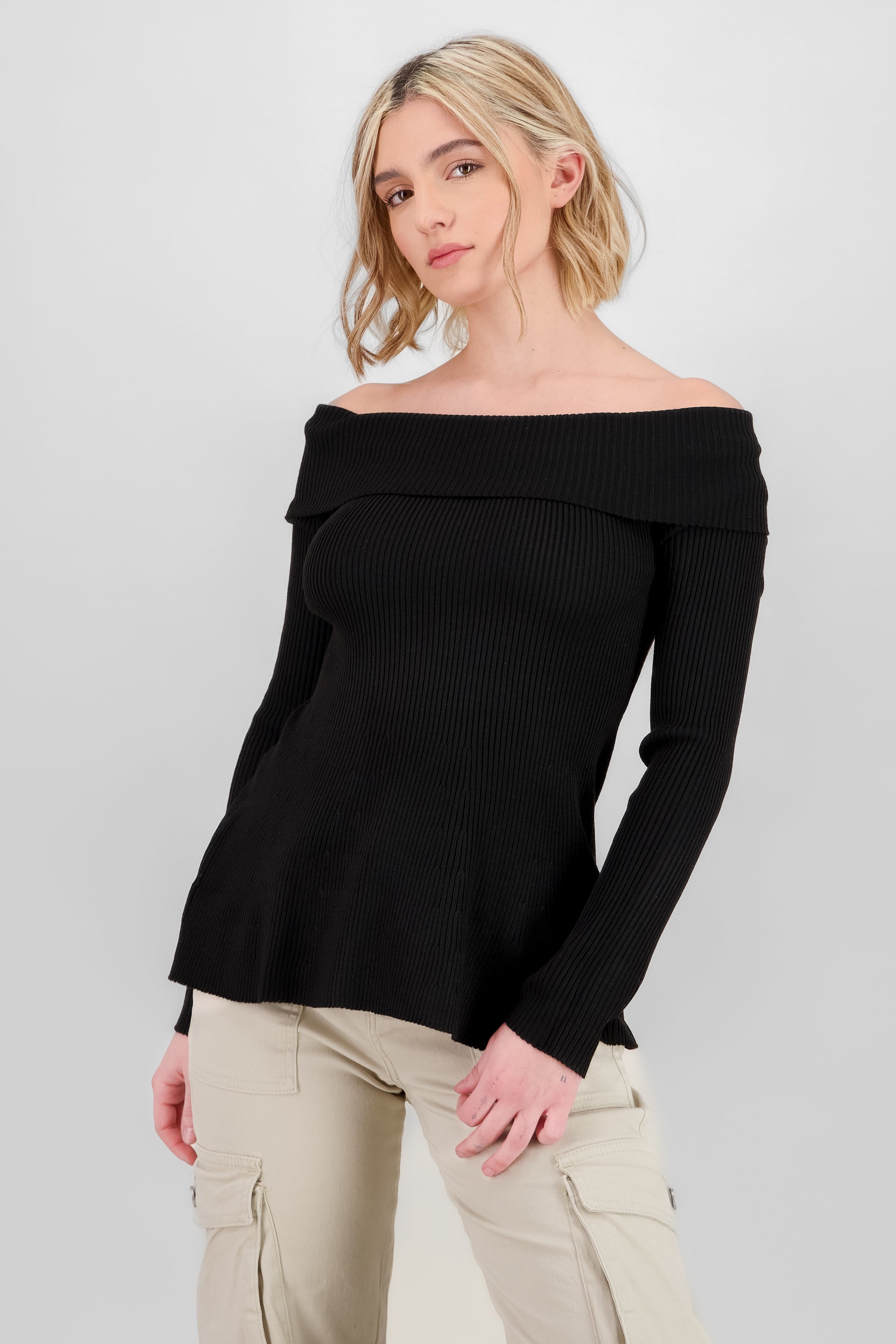 Off Shoulder Ribbed Knit Top BLACK