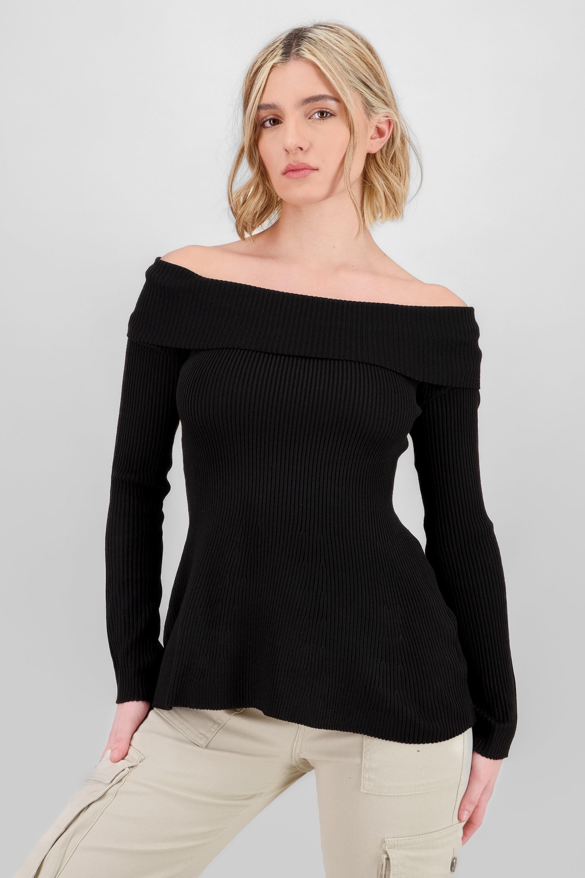 Off Shoulder Ribbed Knit Top BLACK