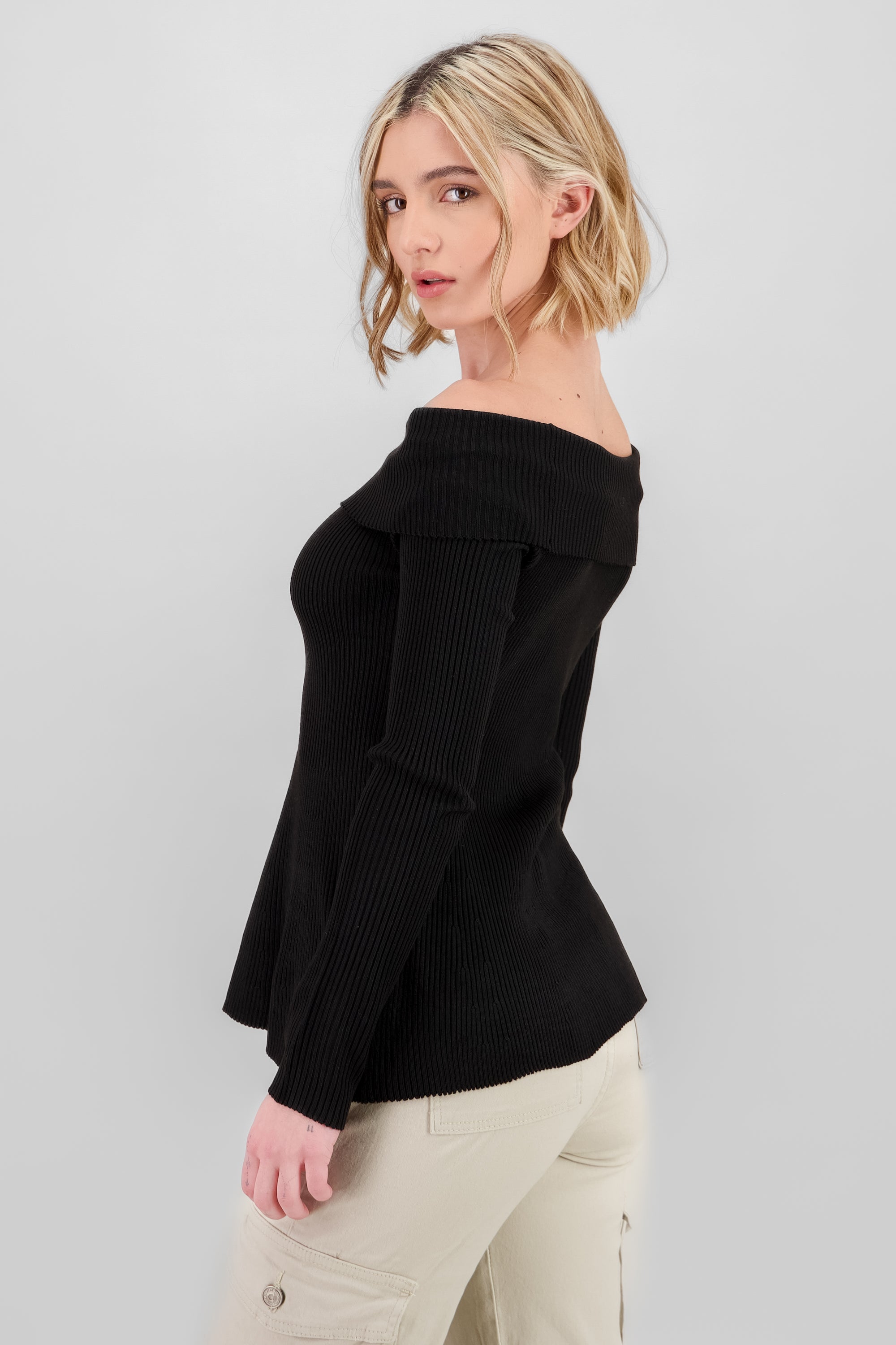 Off Shoulder Ribbed Knit Top BLACK