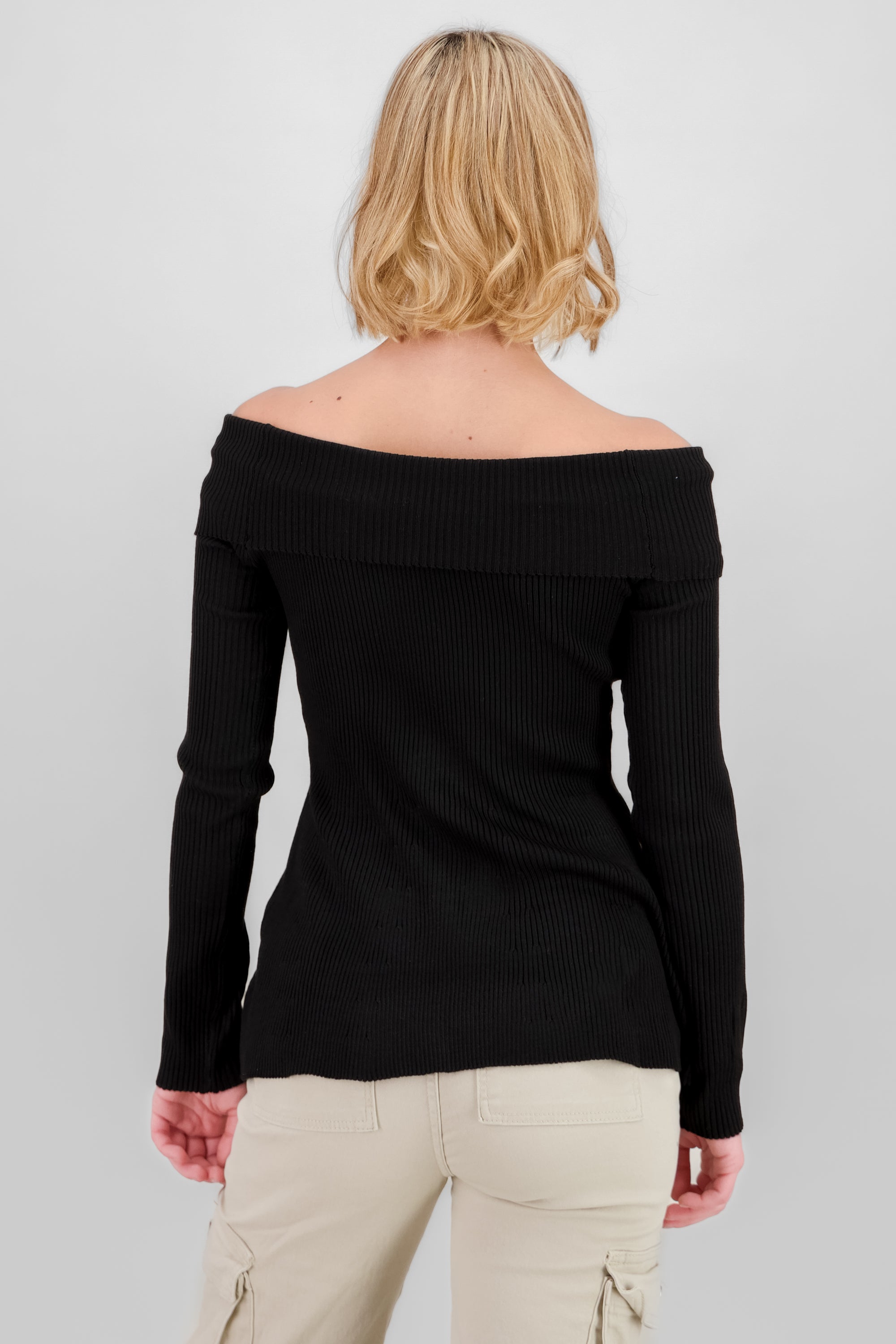 Off Shoulder Ribbed Knit Top BLACK