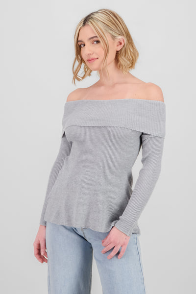 Off Shoulder Ribbed Knit Top HEATHER GRAY