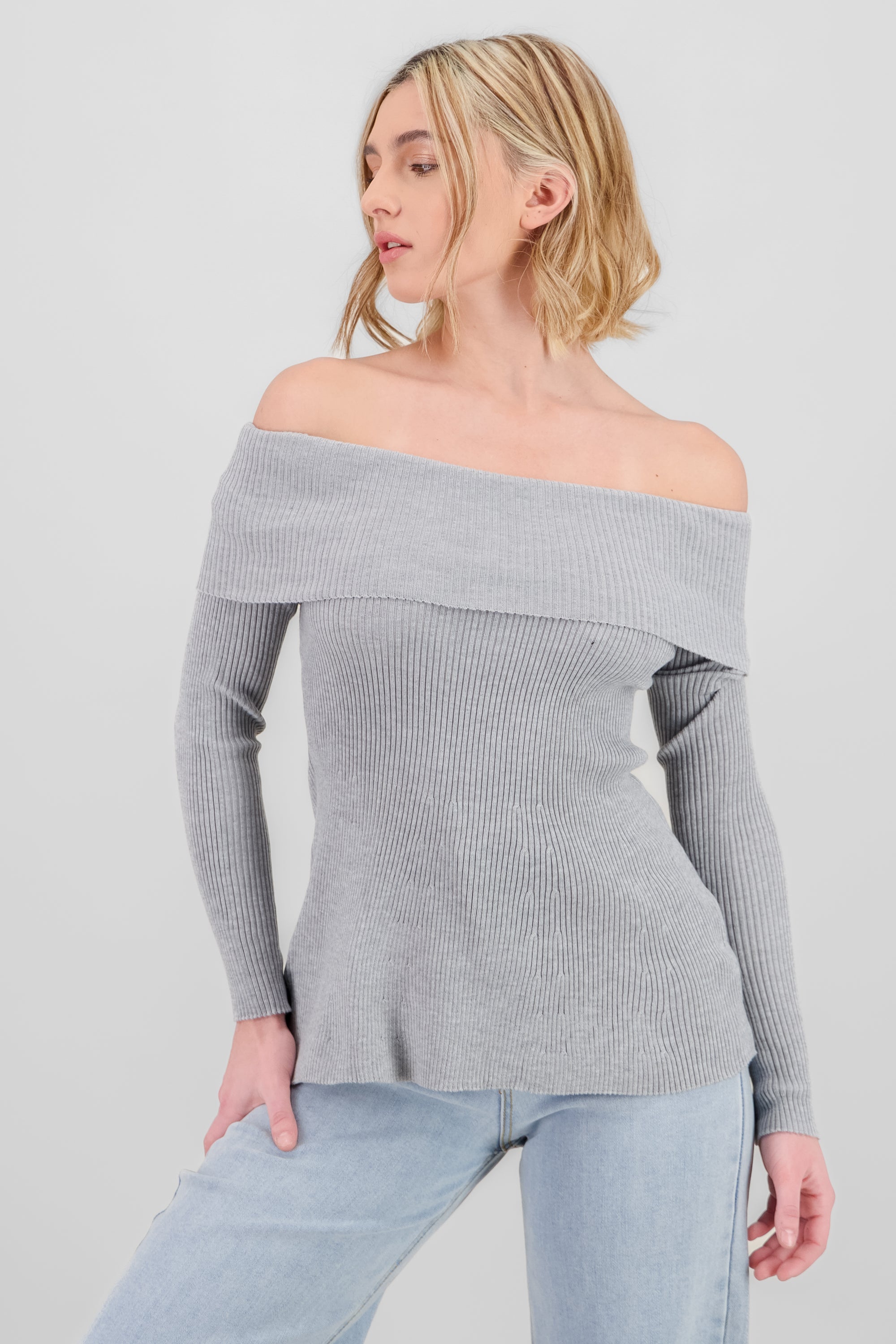 Off Shoulder Ribbed Knit Top HEATHER GRAY