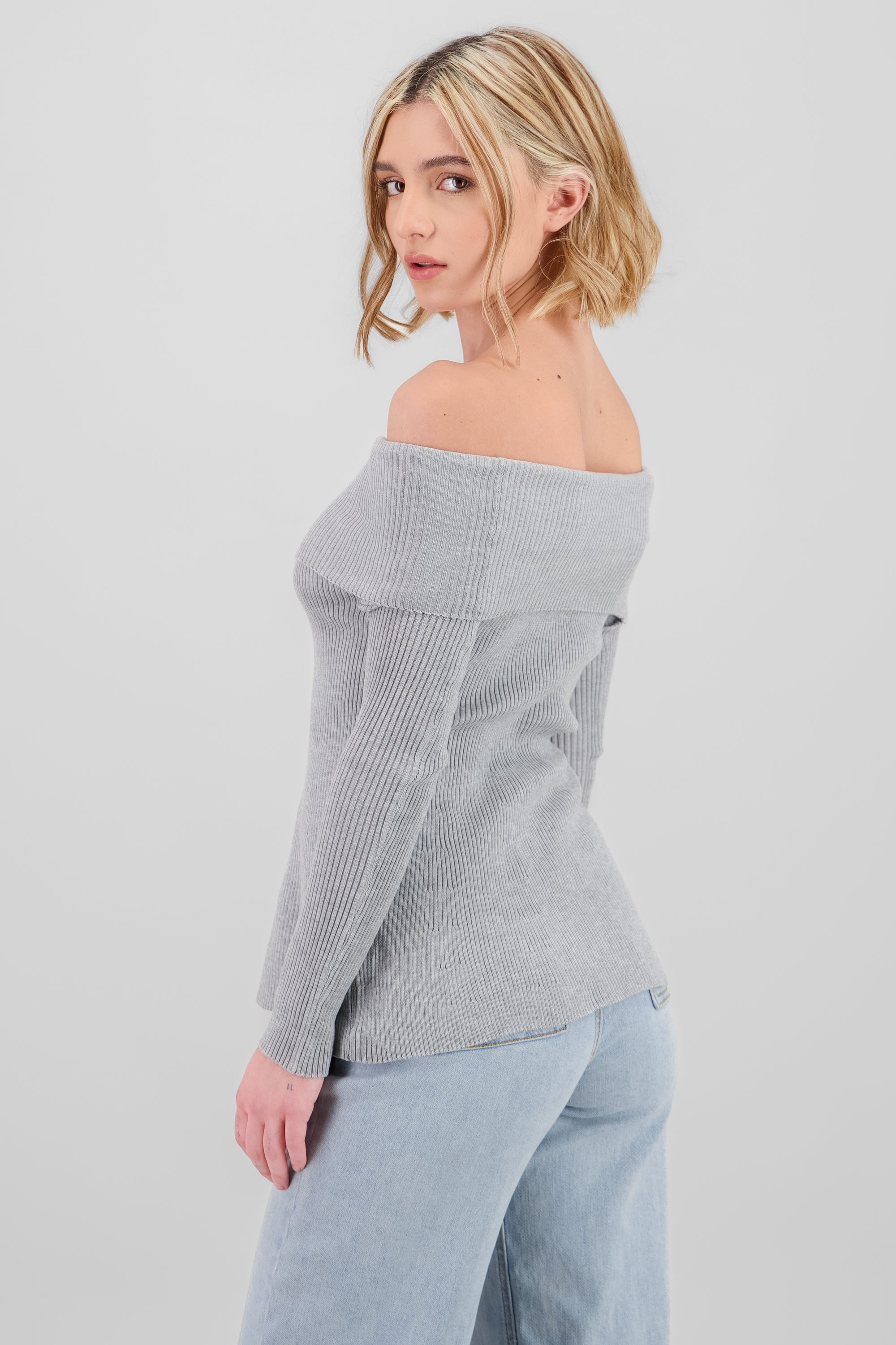 Off Shoulder Ribbed Knit Top HEATHER GRAY