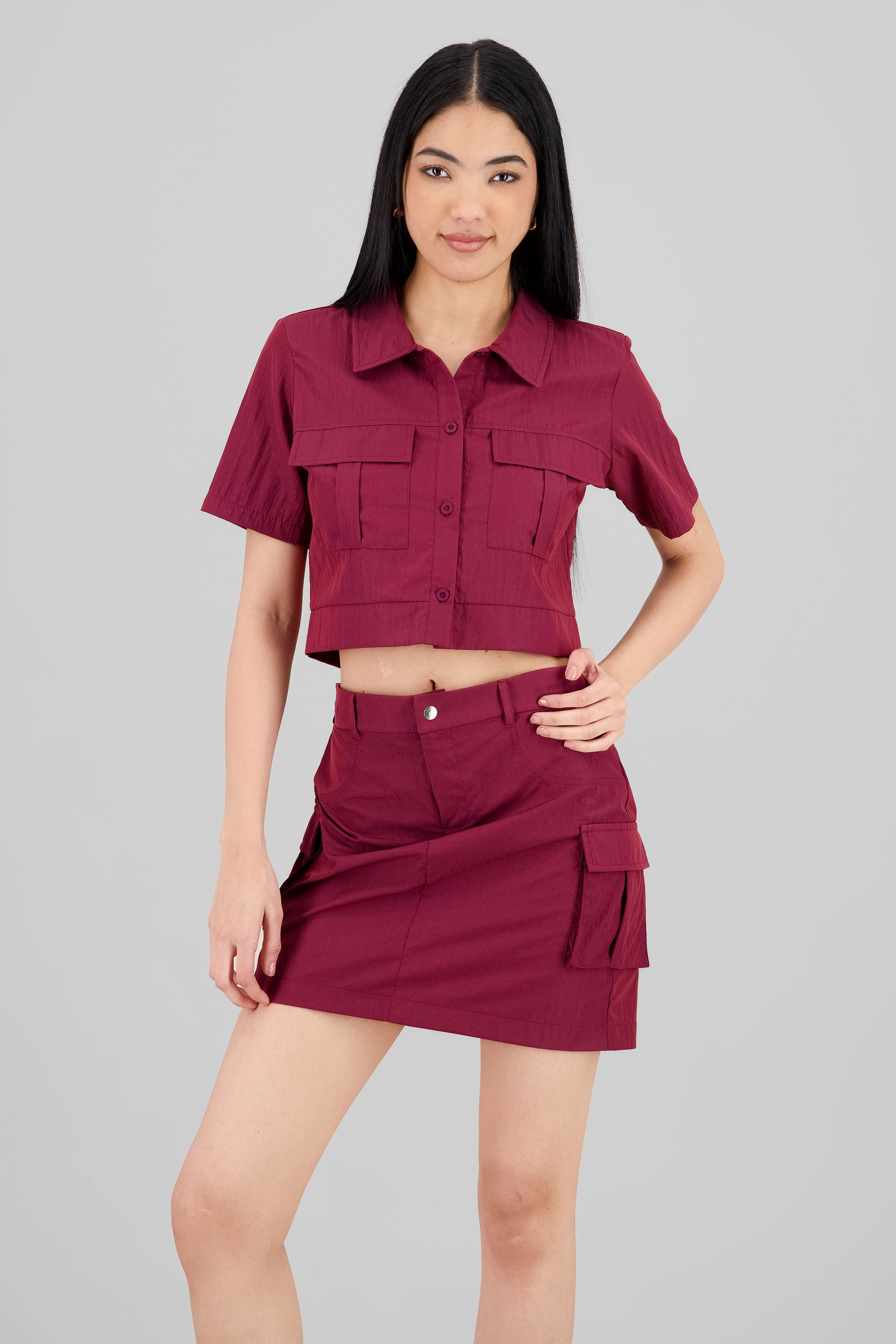 Peach Feel Crop Shirt BURGUNDY