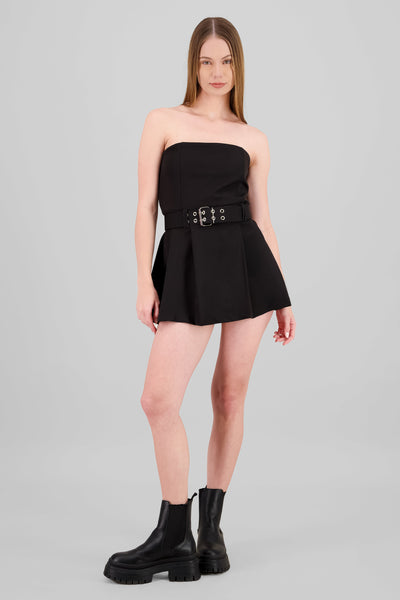 Belt Detail Pleated Mini Dress BLACK