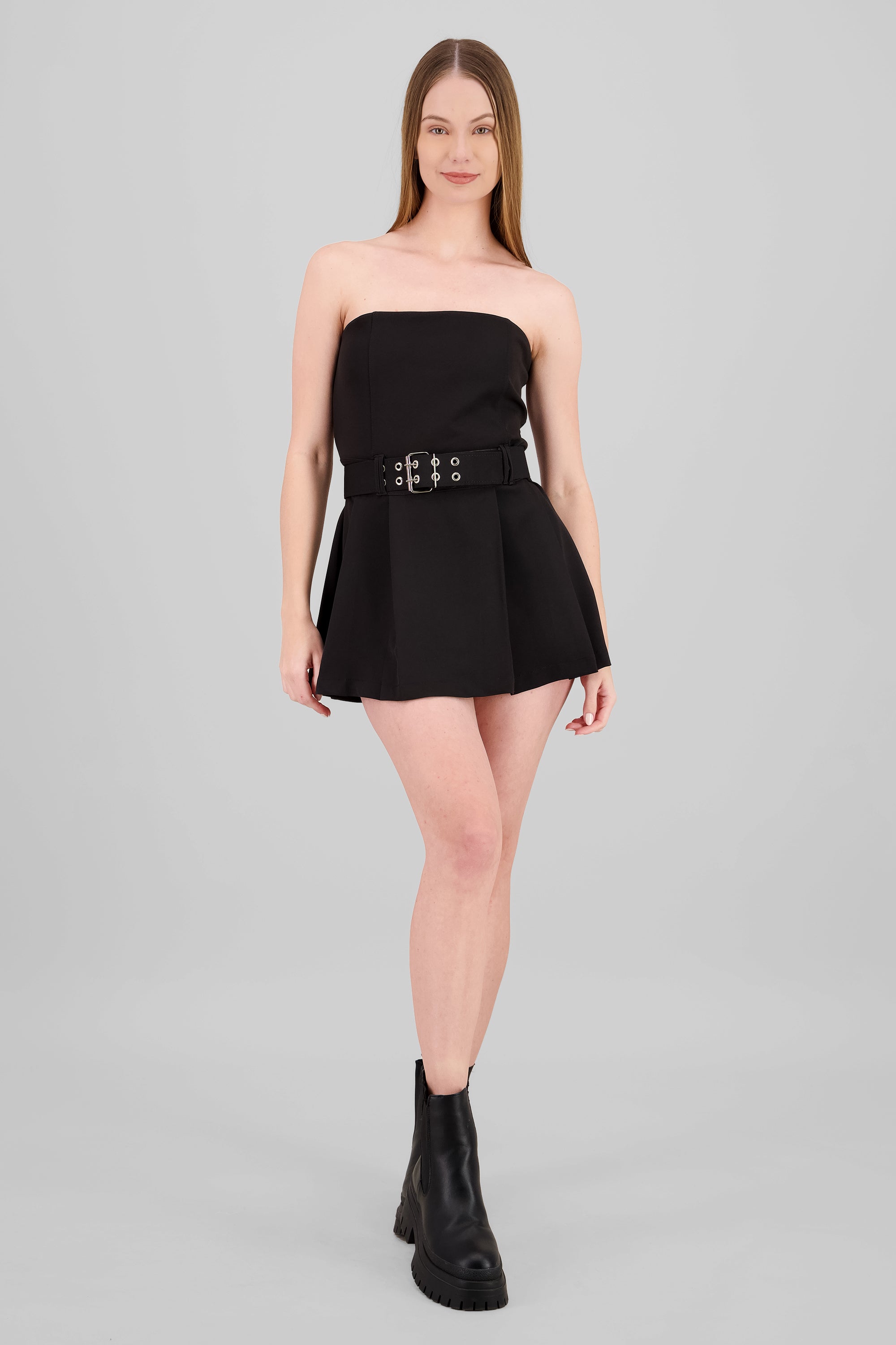 Belt Detail Pleated Mini Dress BLACK