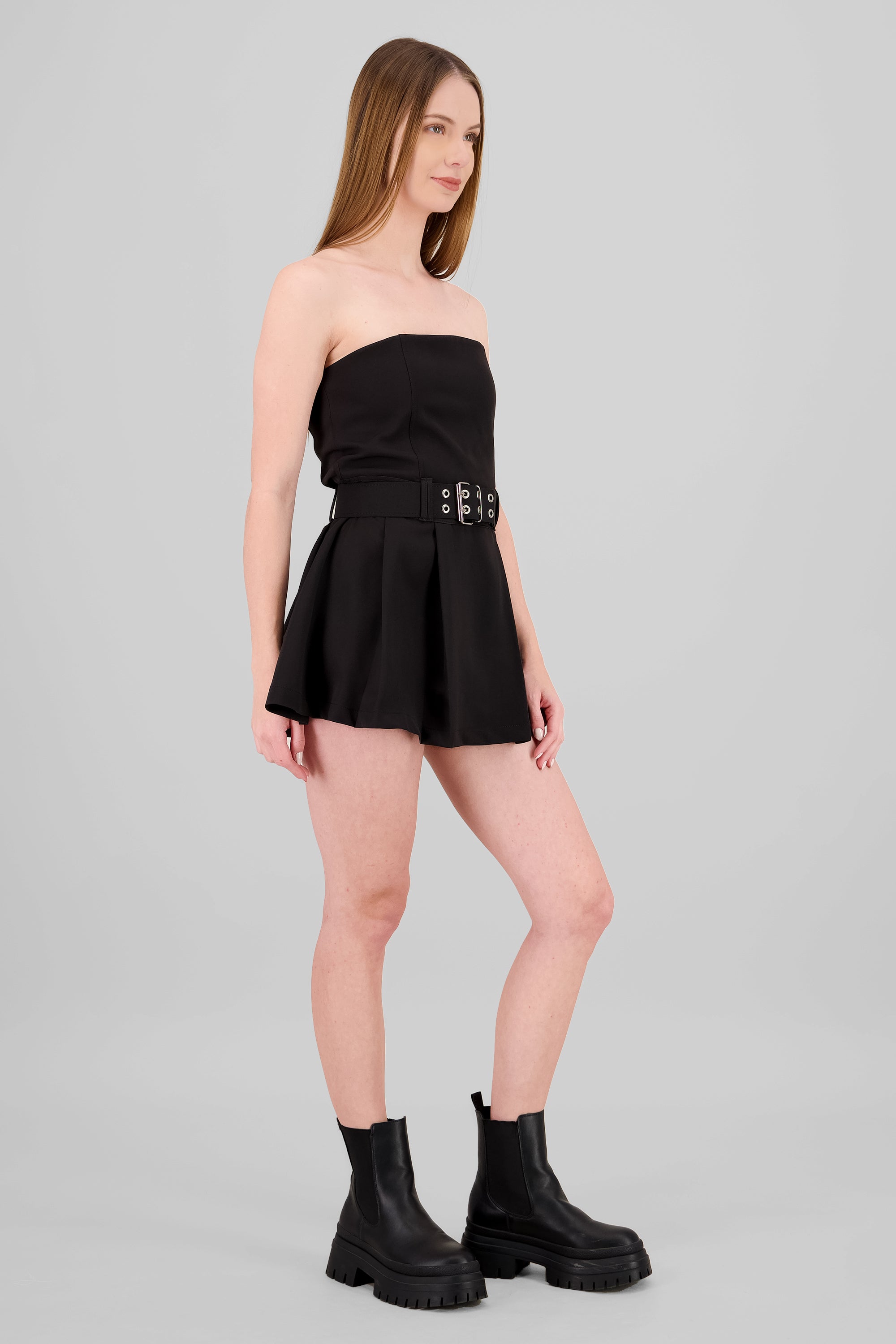 Belt Detail Pleated Mini Dress BLACK