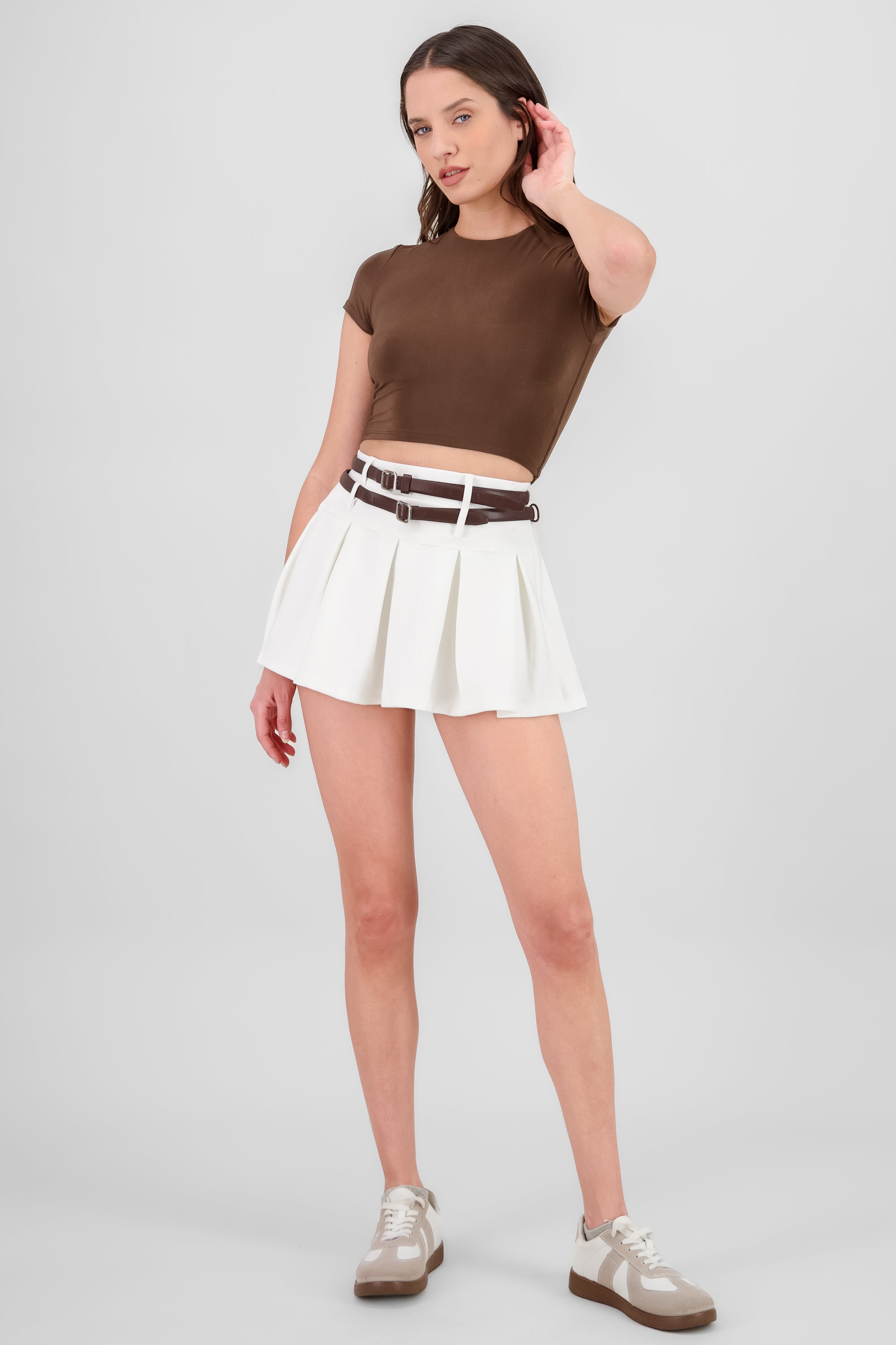 Double Belt Pleated Skirt WHITE