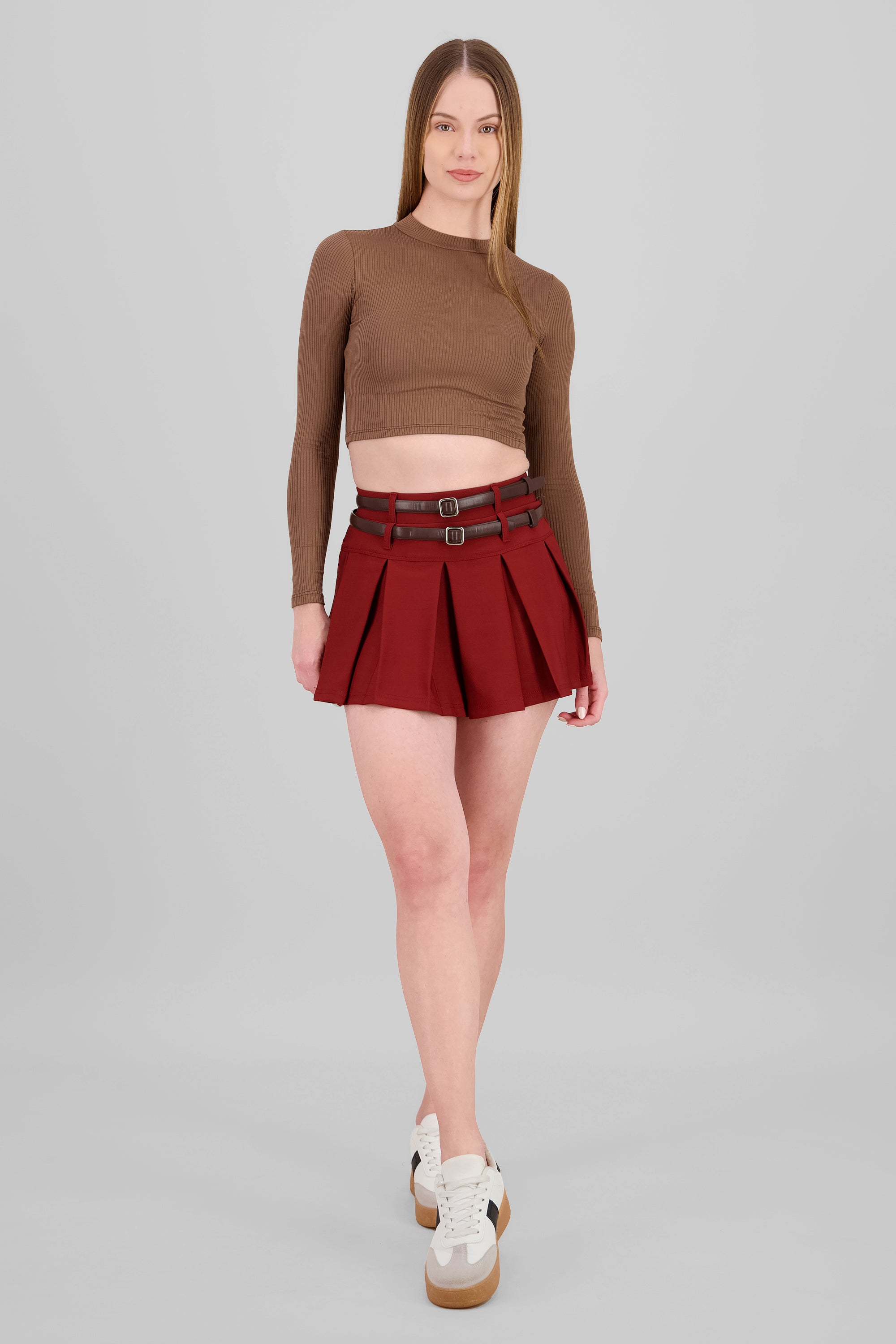 Double Belt Pleated Skirt BURGUNDY