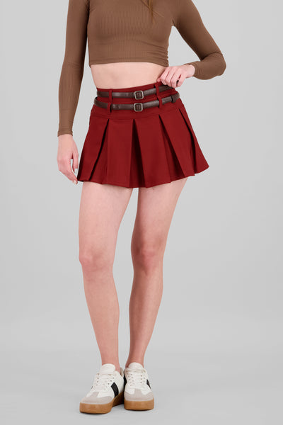 Double Belt Pleated Skirt BURGUNDY