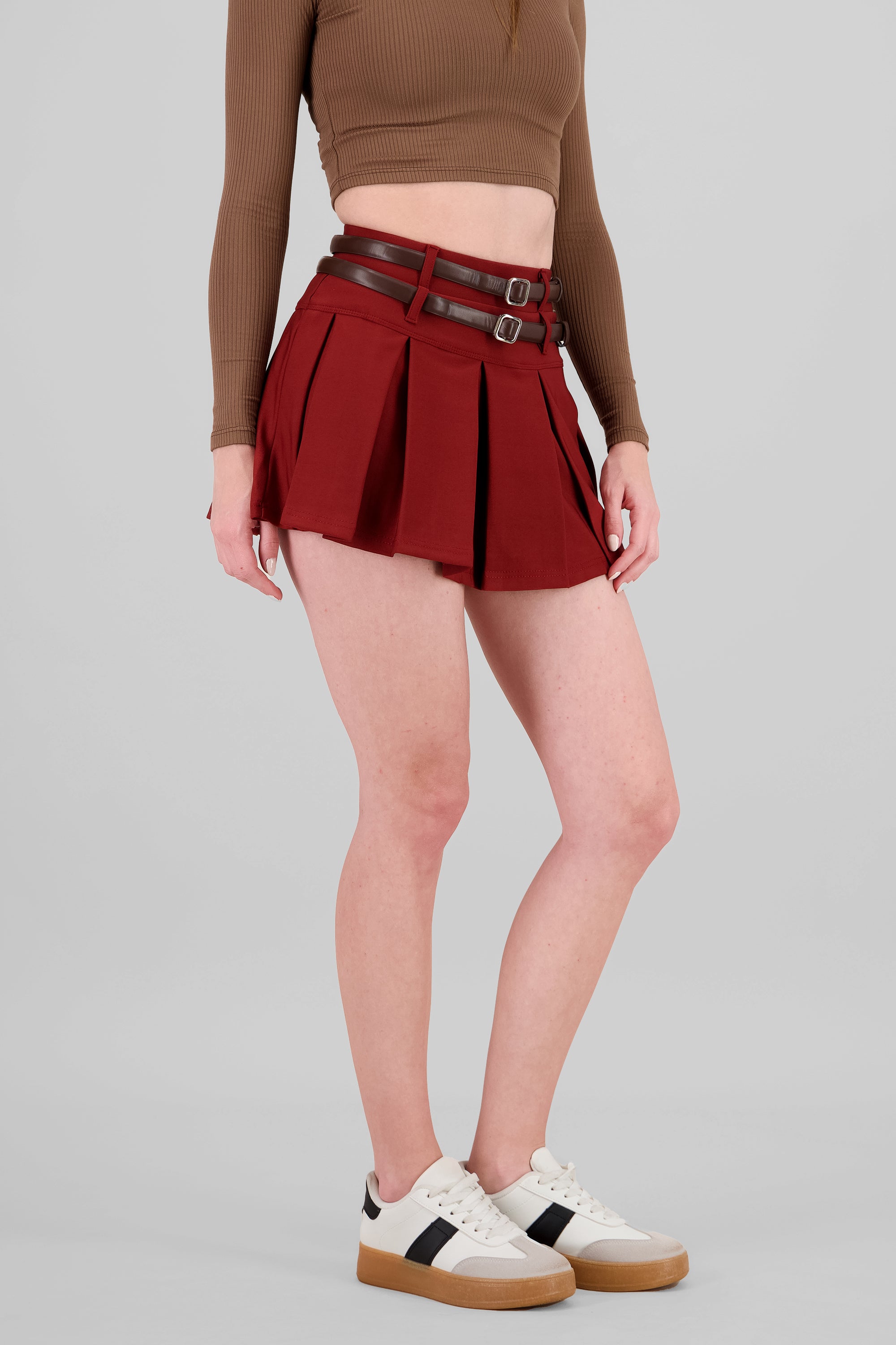 Double Belt Pleated Skirt BURGUNDY