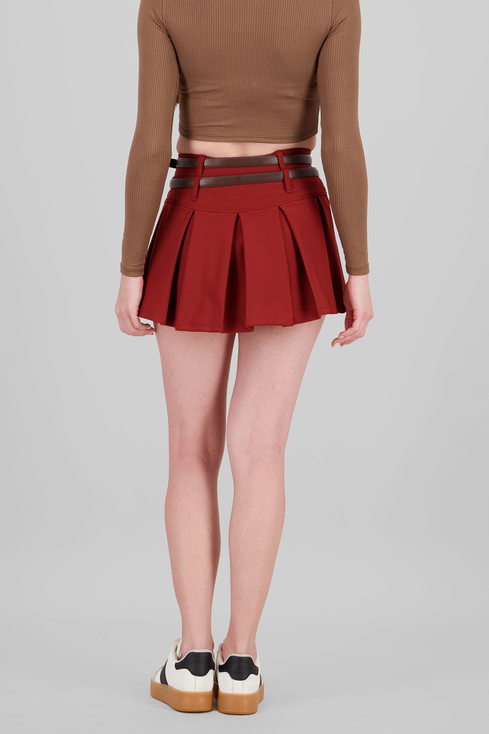 Double Belt Pleated Skirt BURGUNDY