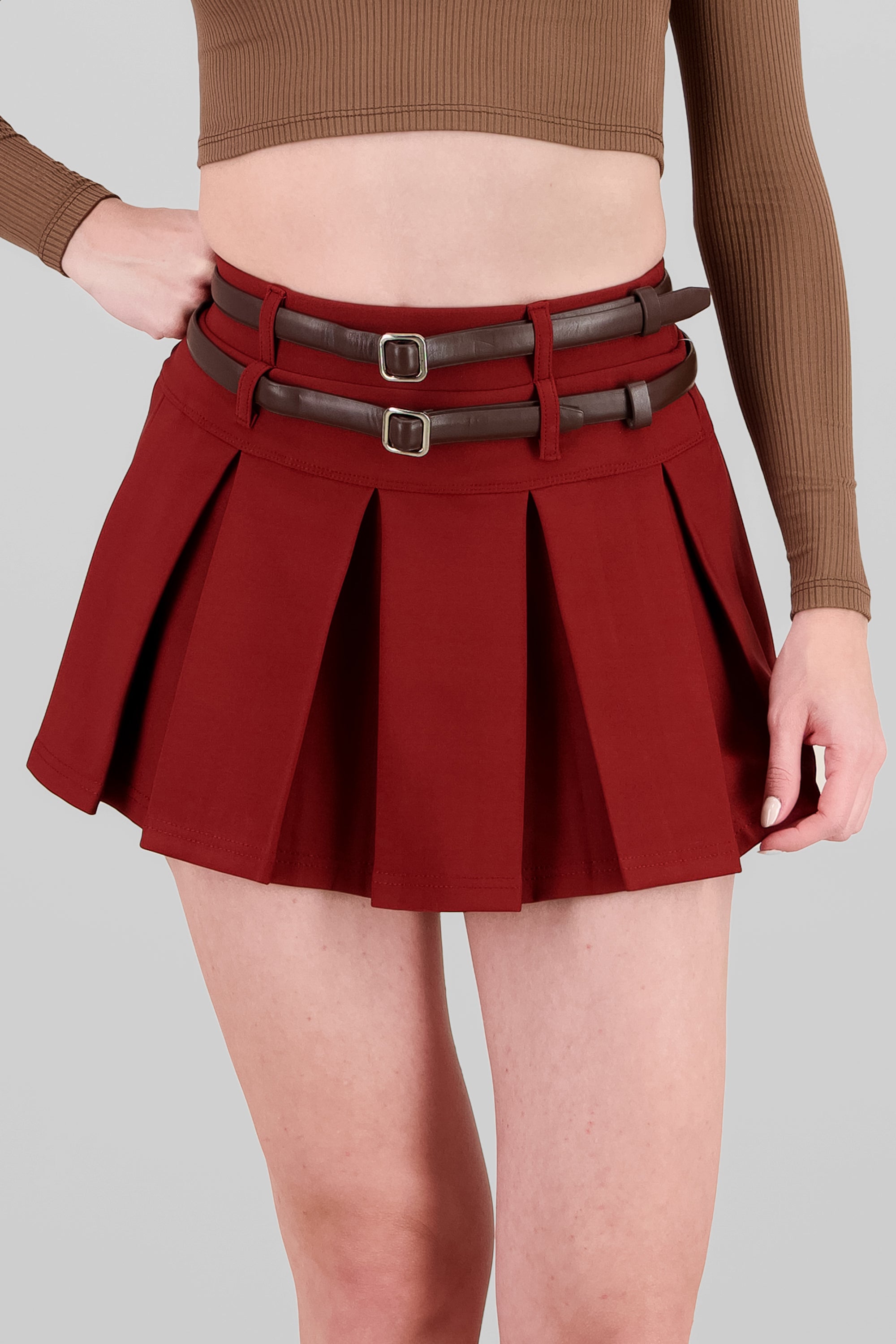 Double Belt Pleated Skirt BURGUNDY