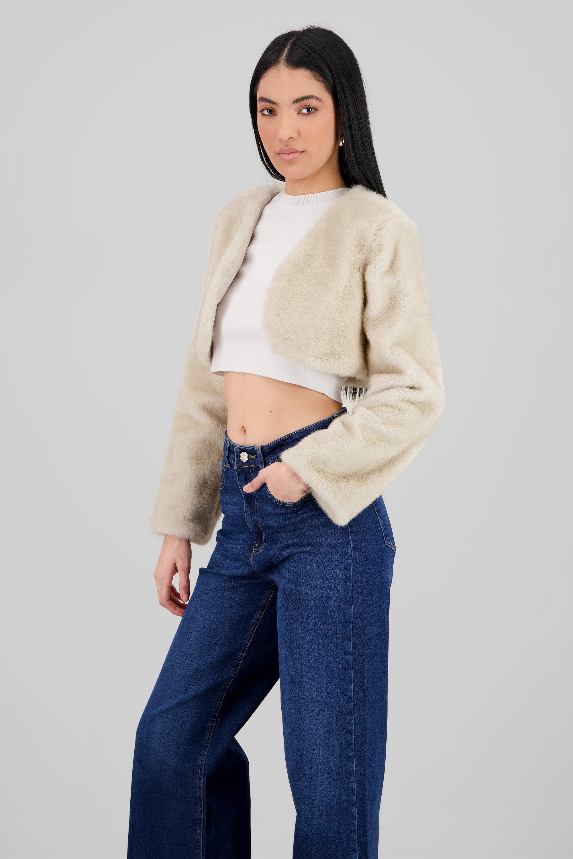 Cropped Faux Fur Coat CREAM