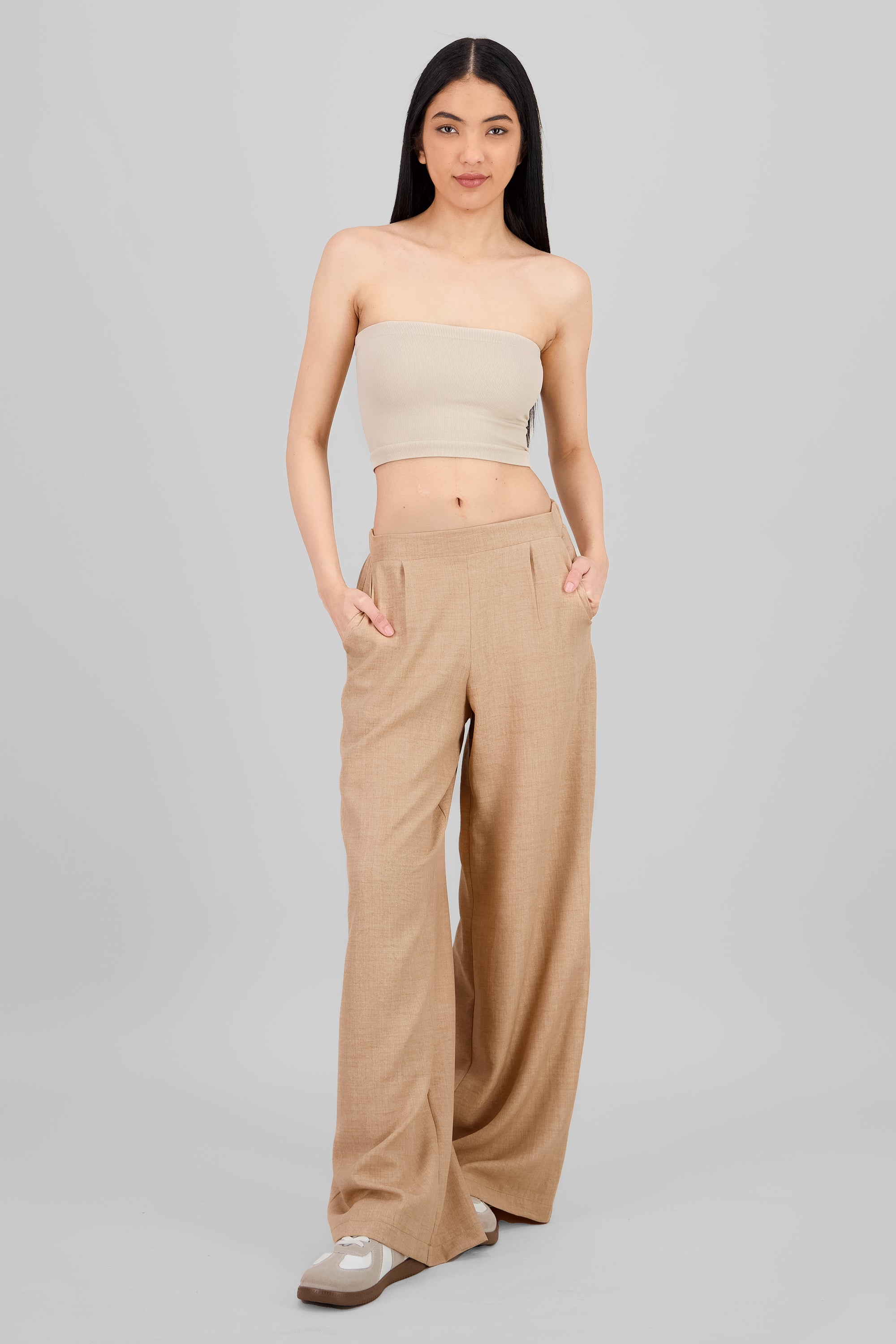 Wide Leg Pleated Pants BEIGE