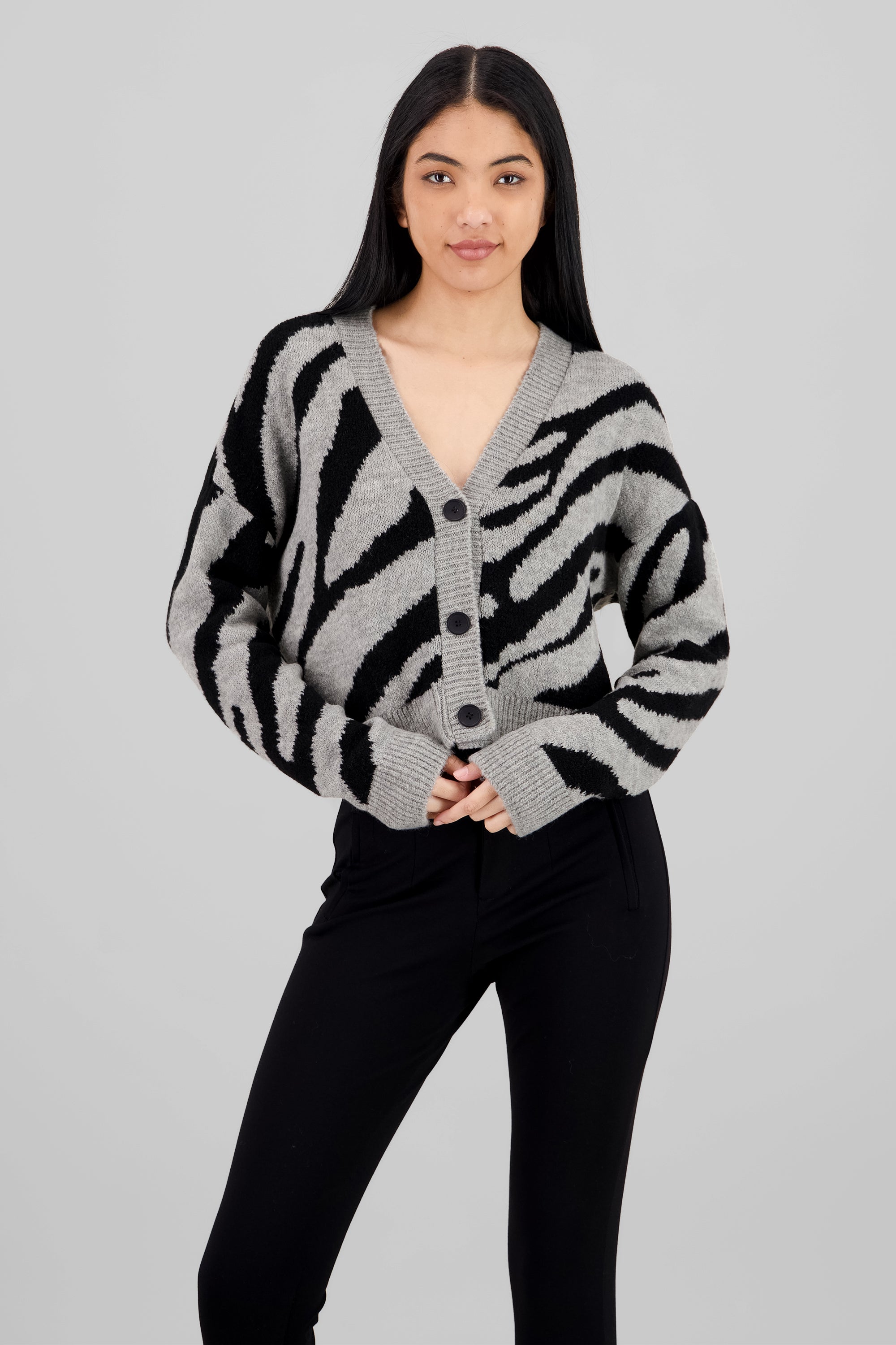 Buttoned Zebra Animal Print Cardigan GRAY