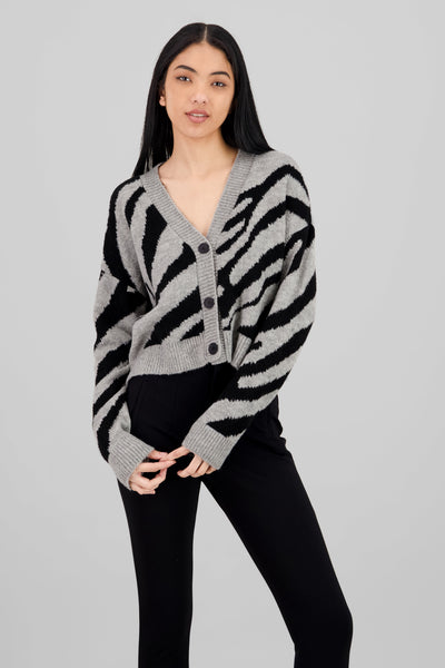 Buttoned Zebra Animal Print Cardigan GRAY