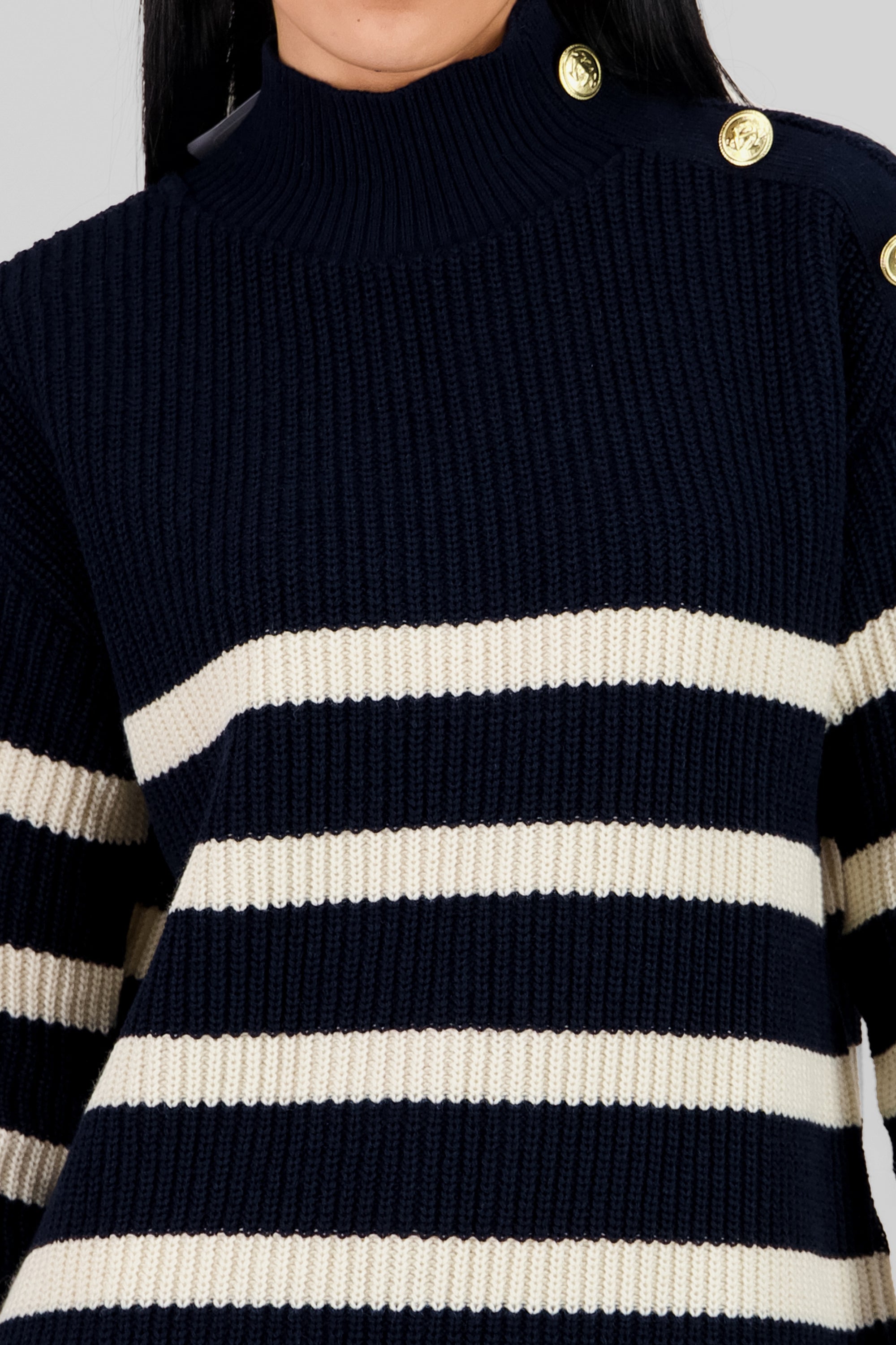 Button Neck Detail Striped Sweater NAVY