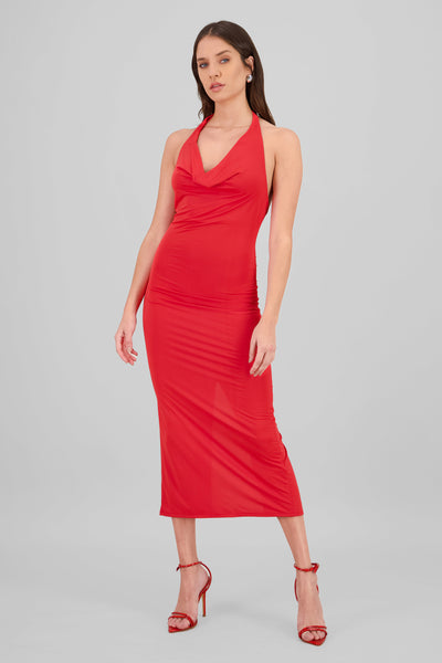 Halter Neck Cascade Maxi Dress RED