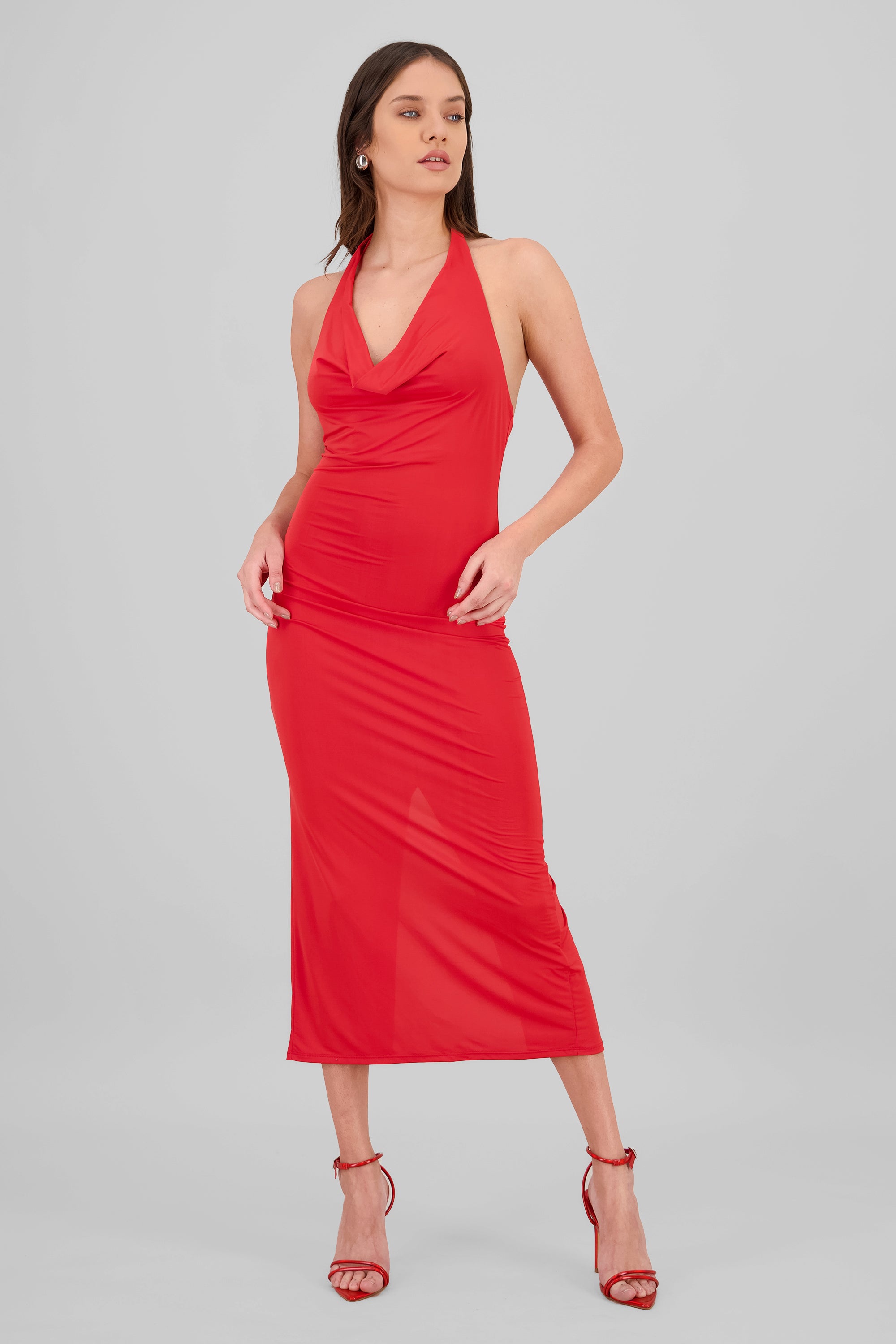 Halter Neck Cascade Maxi Dress RED