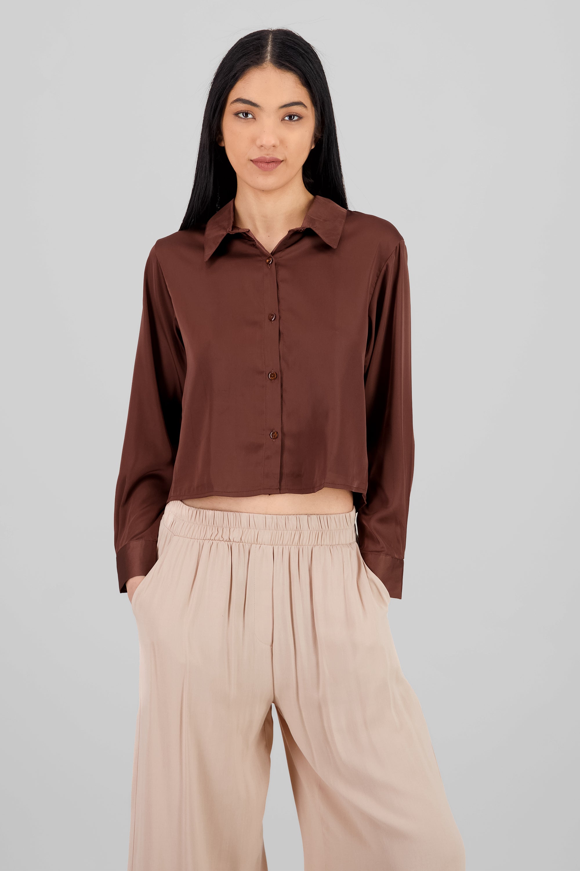 Solid Satin Long Sleeve Shirt BROWN