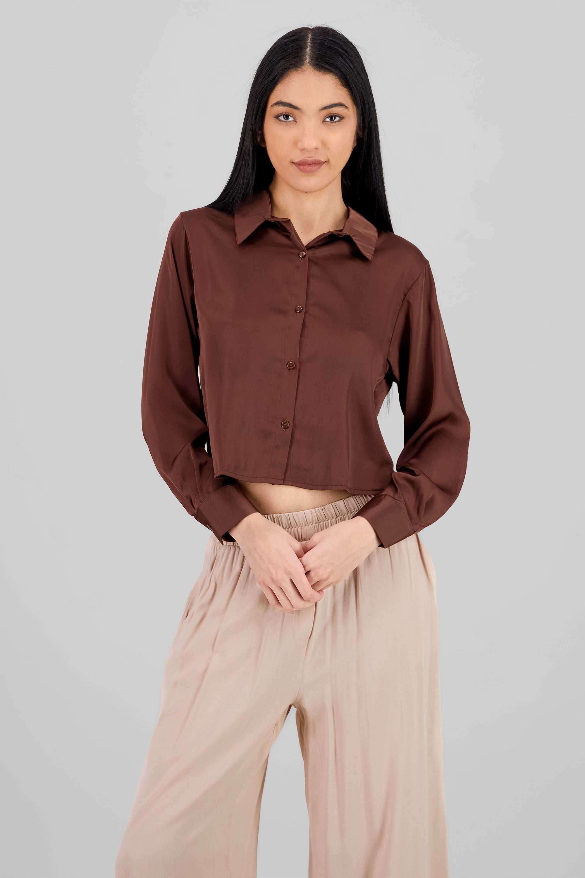 Solid Satin Long Sleeve Shirt BROWN