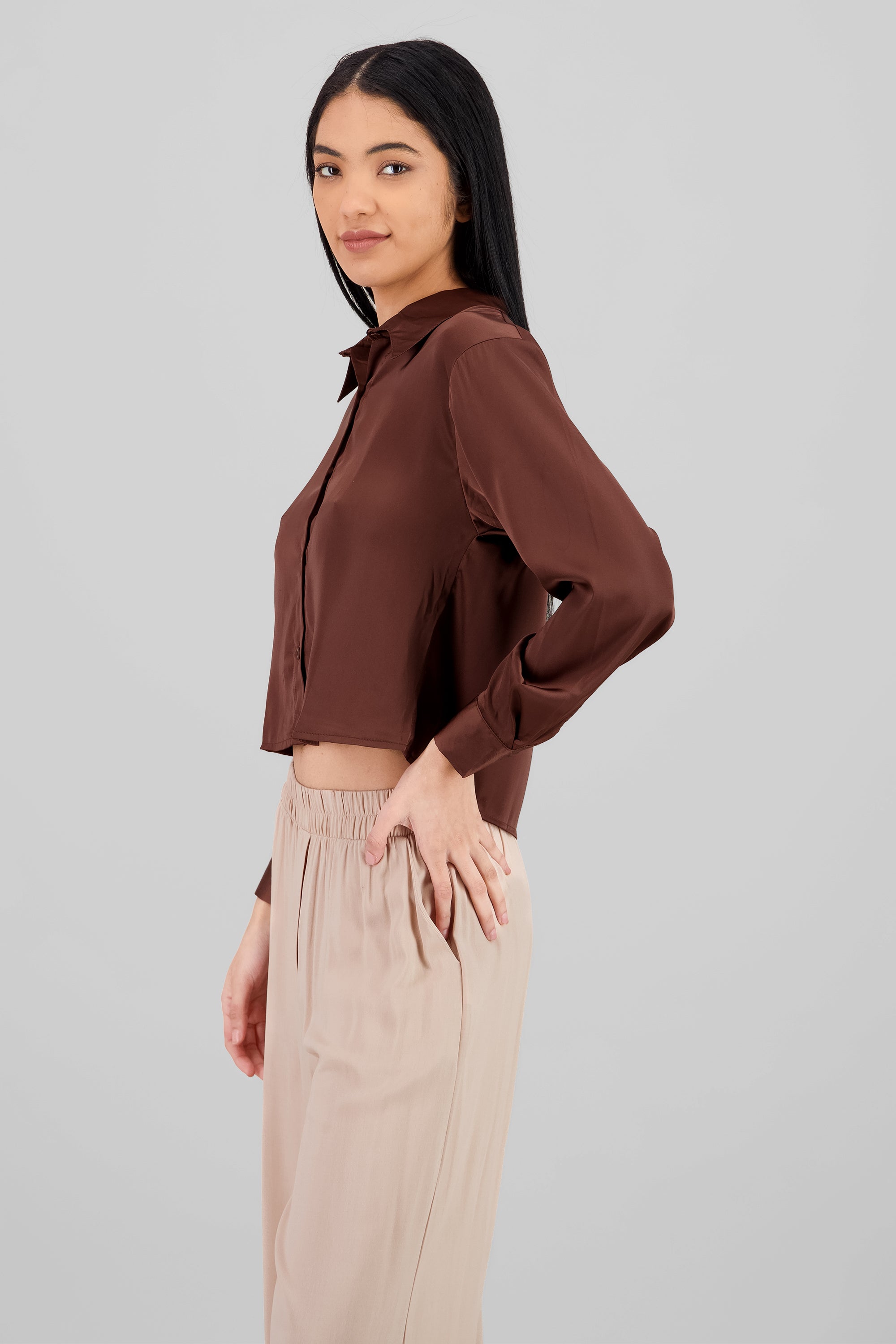 Solid Satin Long Sleeve Shirt BROWN