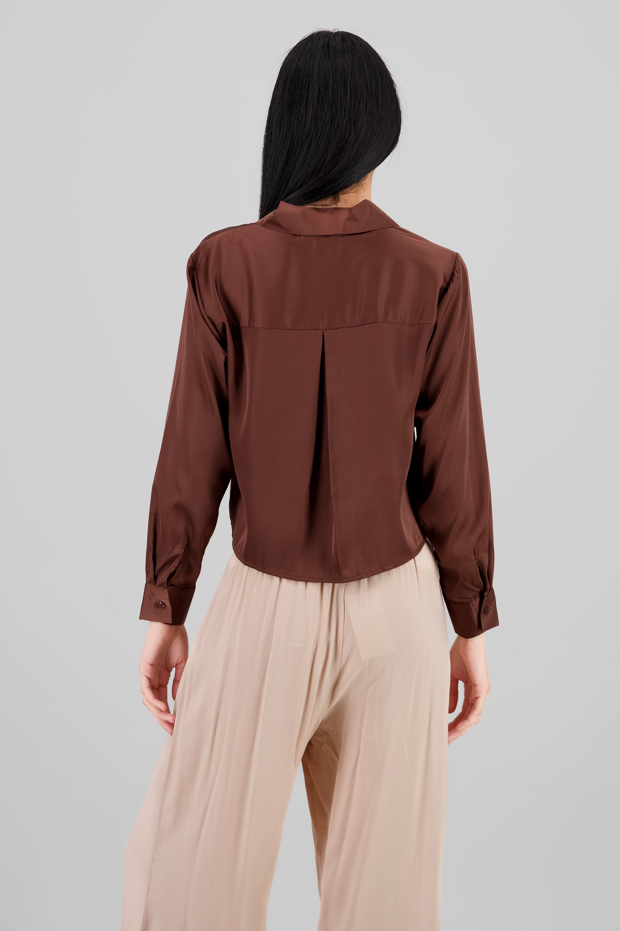 Solid Satin Long Sleeve Shirt BROWN