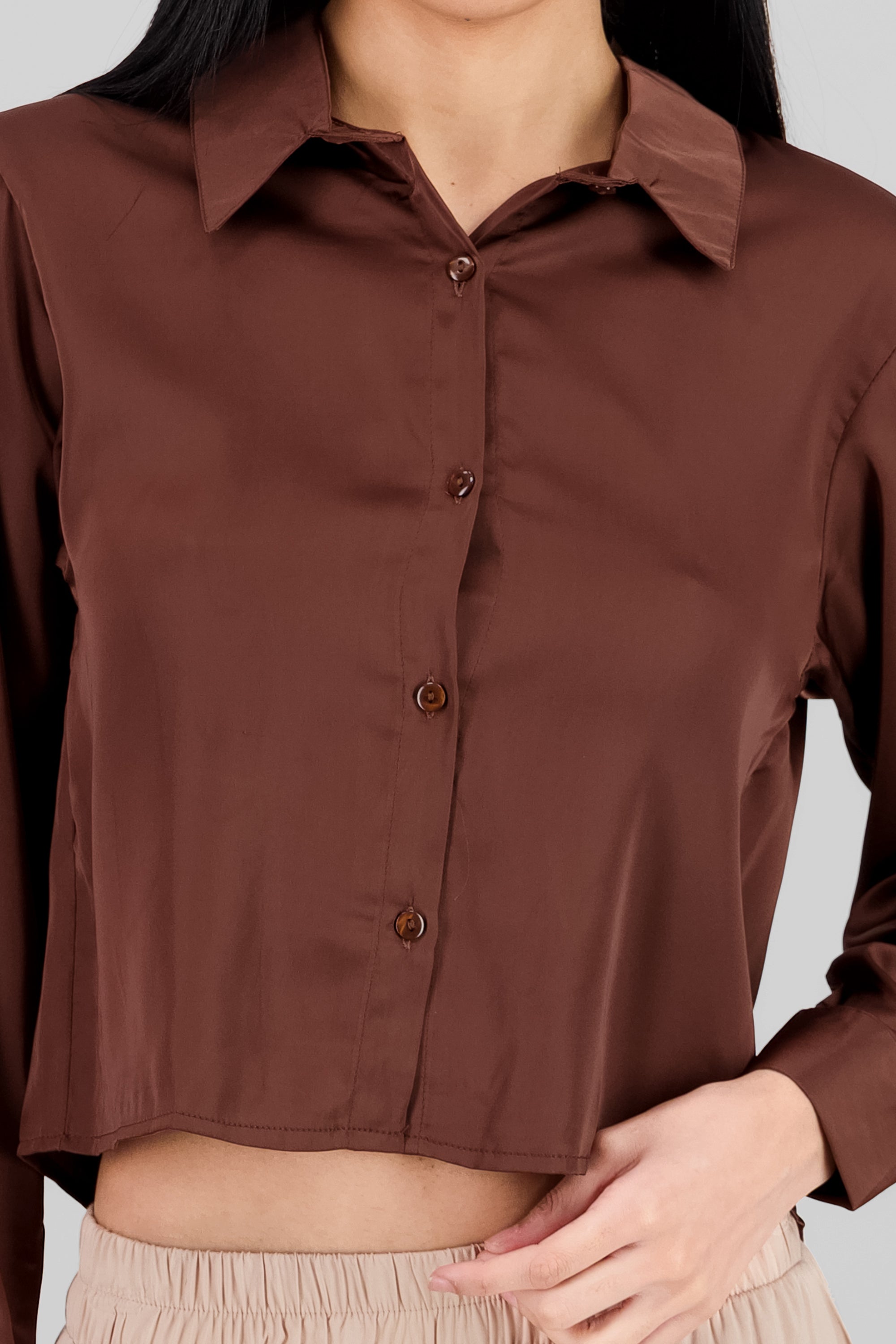 Solid Satin Long Sleeve Shirt BROWN