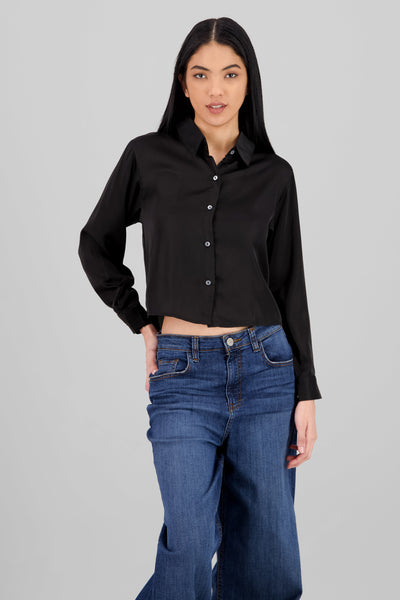 Solid Satin Long Sleeve Shirt BLACK