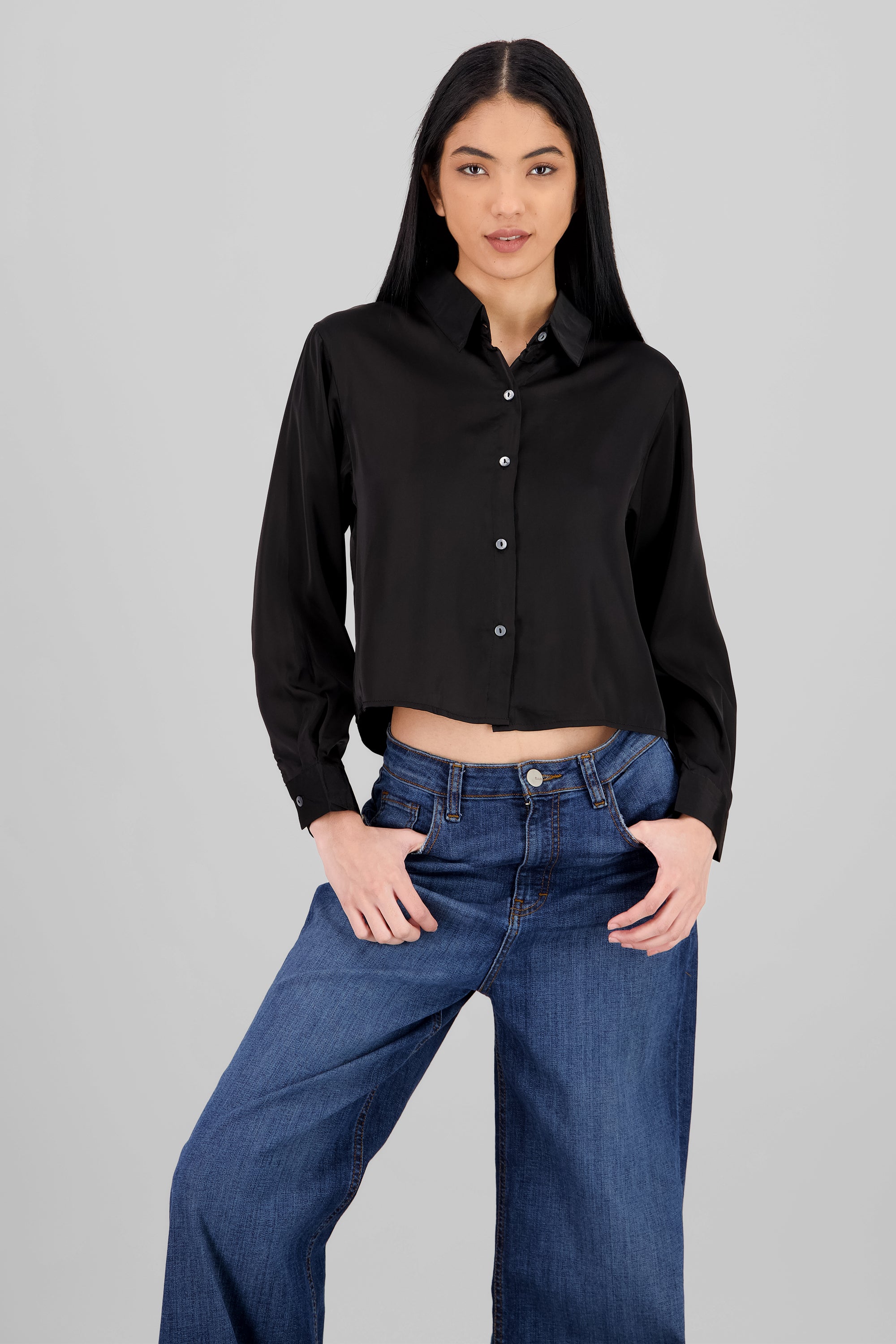 Solid Satin Long Sleeve Shirt BLACK