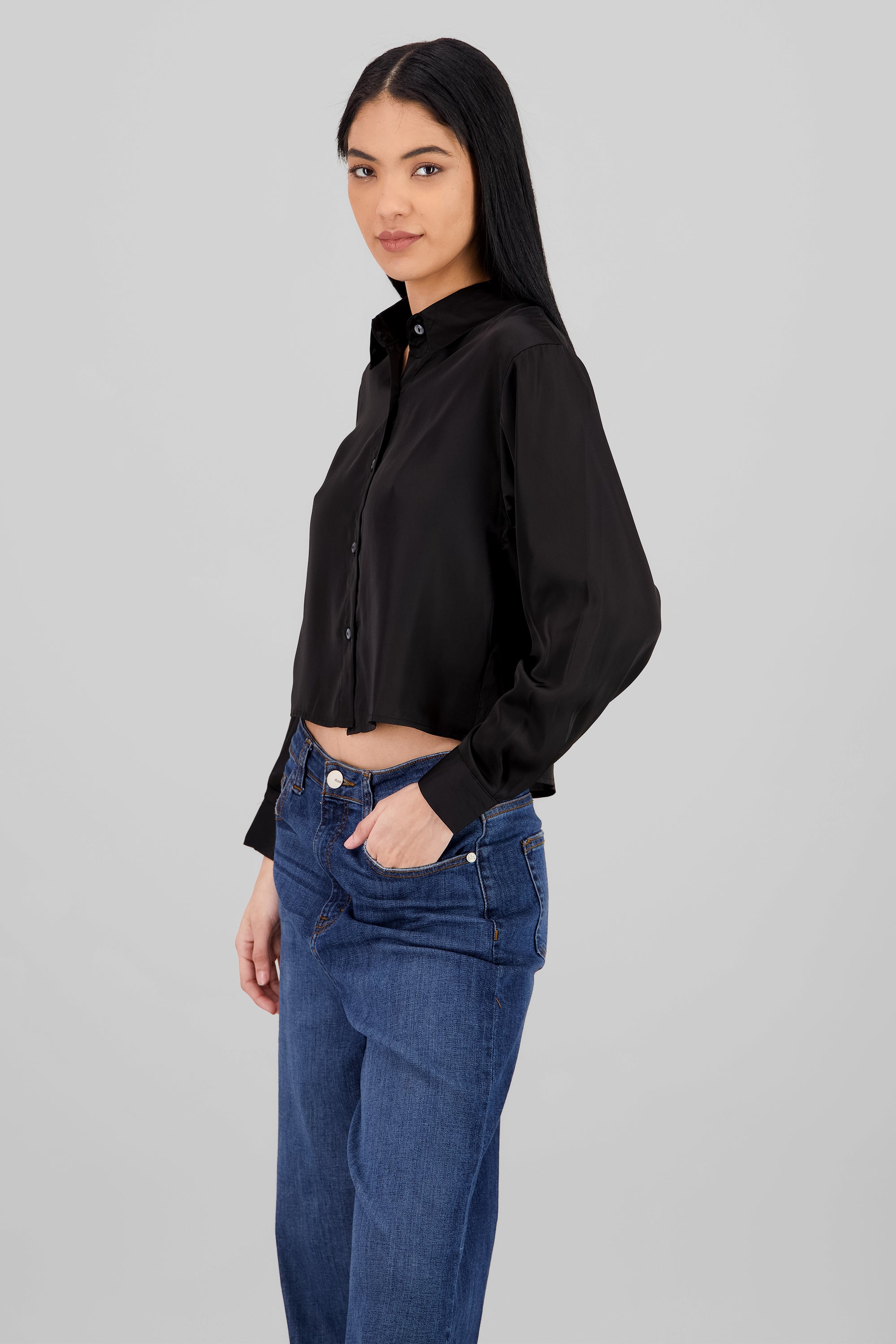 Solid Satin Long Sleeve Shirt BLACK