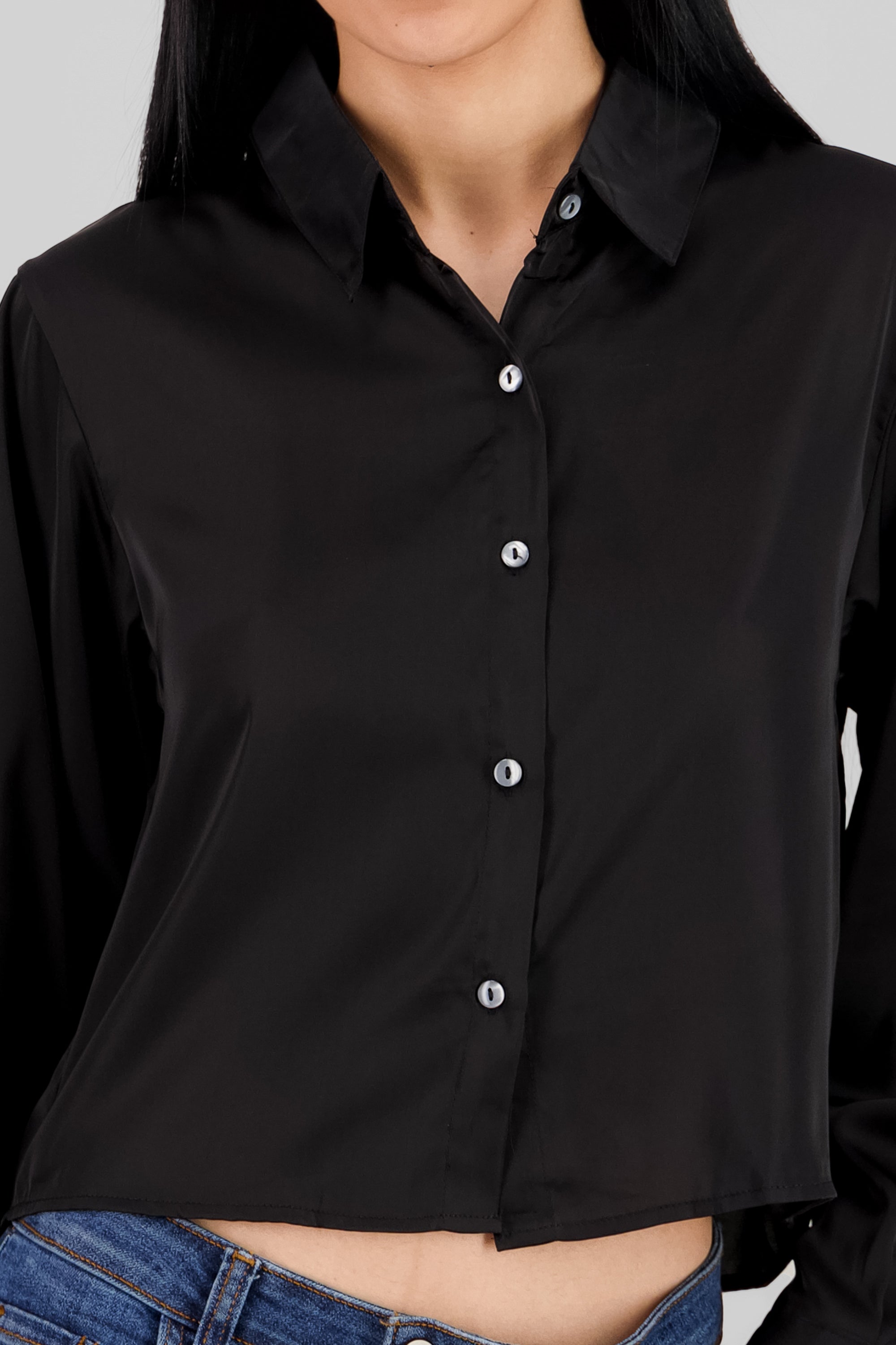 Solid Satin Long Sleeve Shirt BLACK