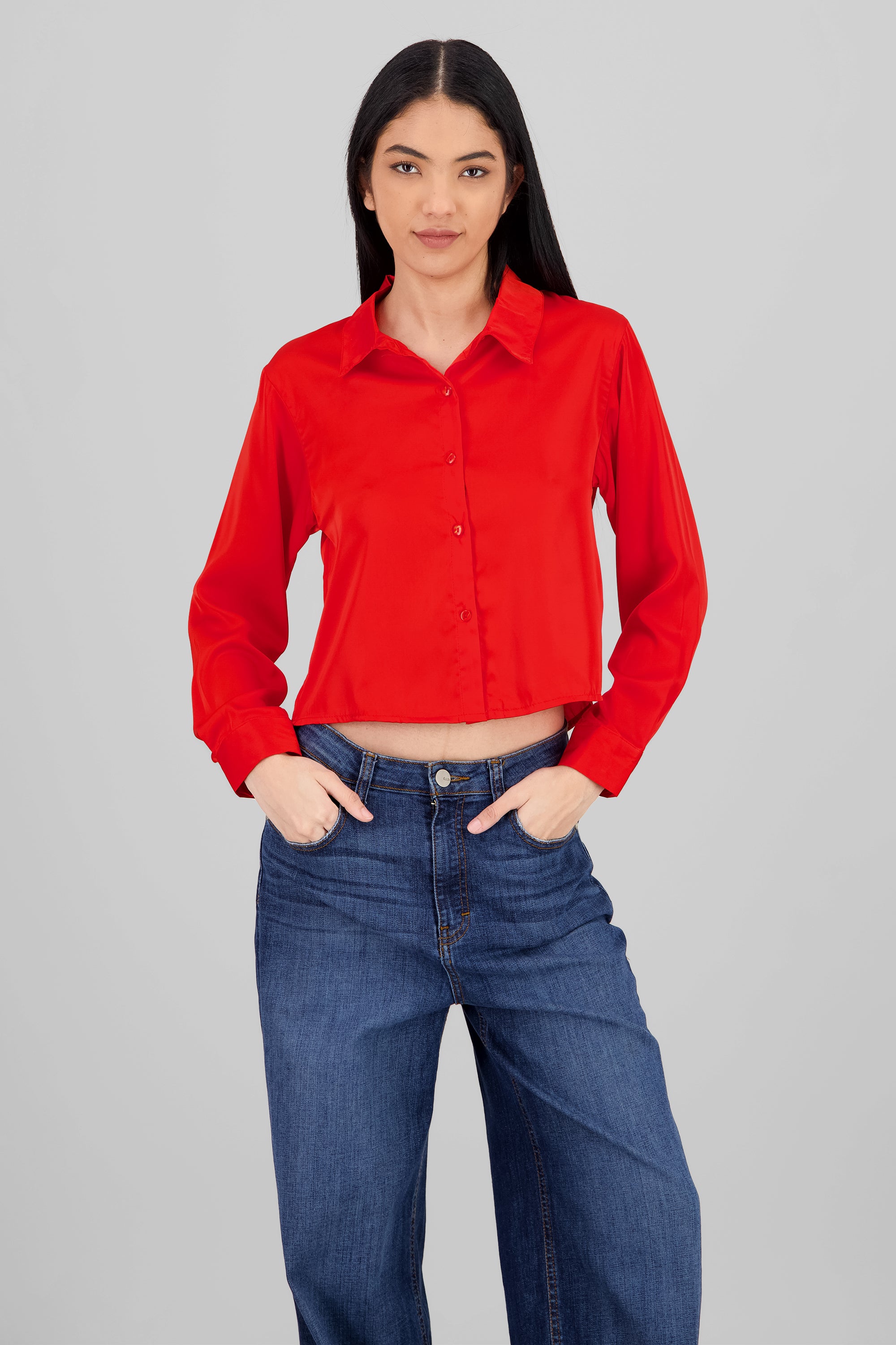 Solid Satin Long Sleeve Shirt RED