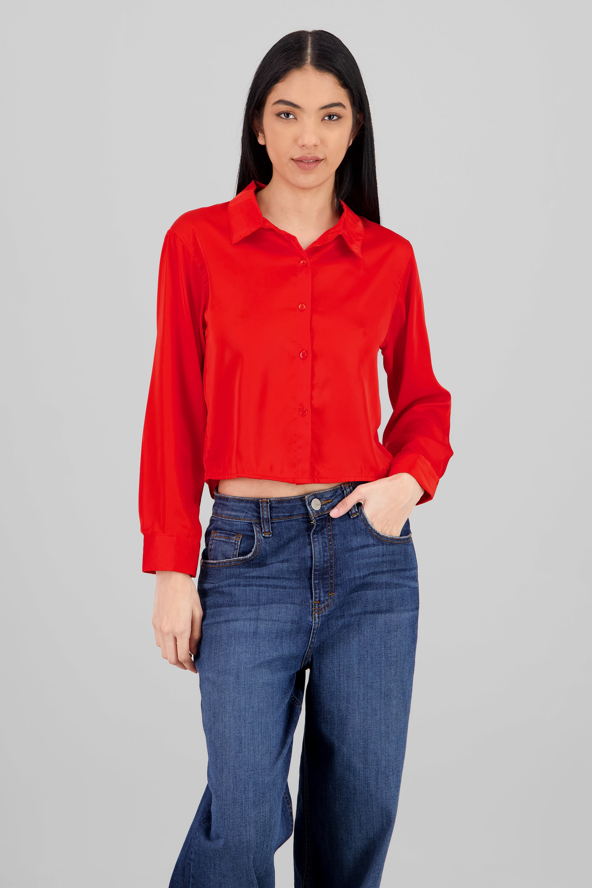 Solid Satin Long Sleeve Shirt RED