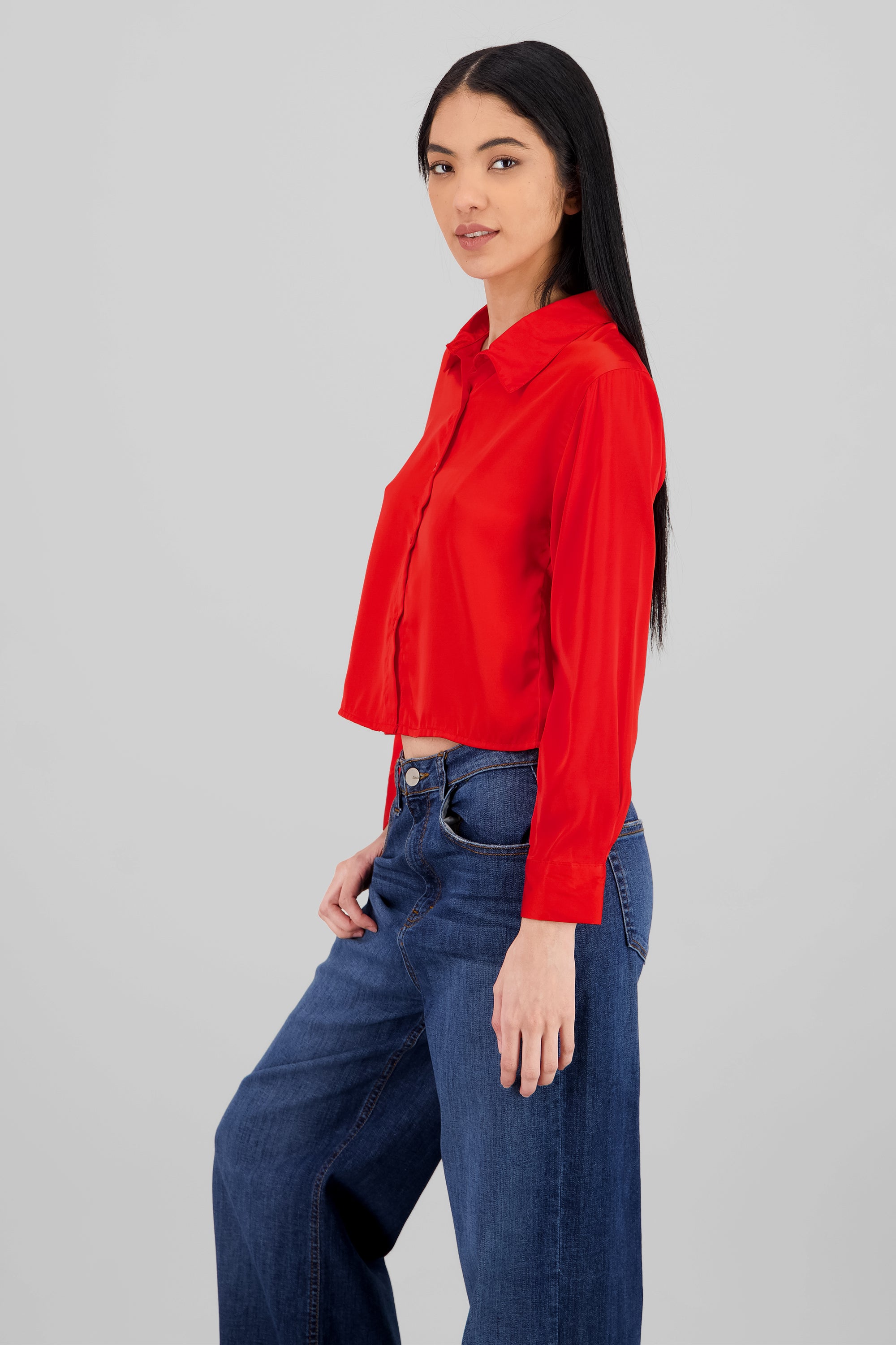 Solid Satin Long Sleeve Shirt RED