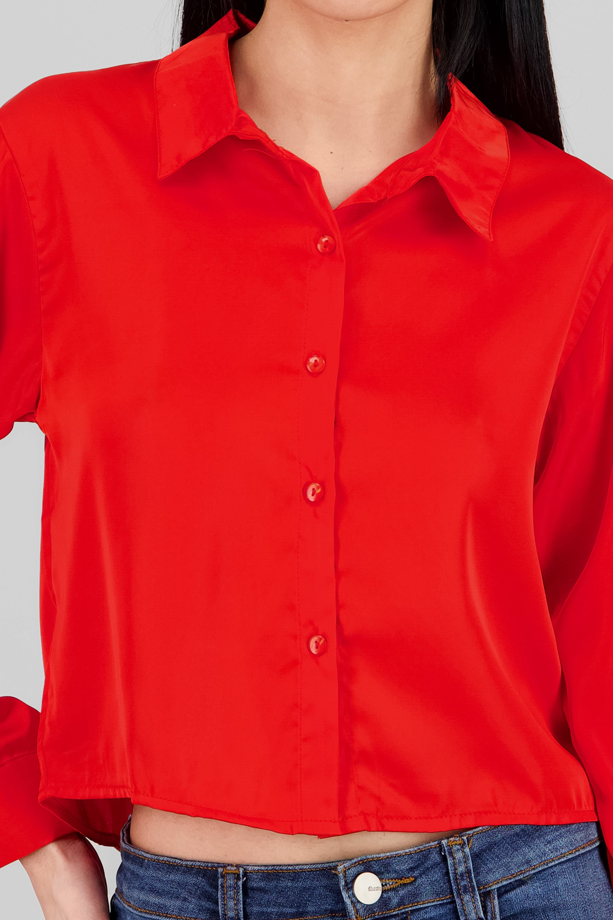 Solid Satin Long Sleeve Shirt RED