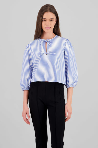 Bow Detail Puff Sleeve Shirt BLUE COMBO