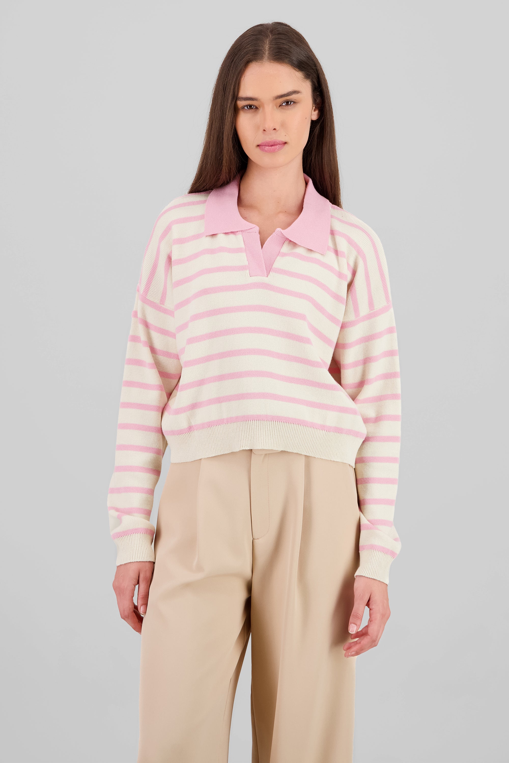 Striped Polo Sweater Long Sleeve Hypsters PINK COMBO