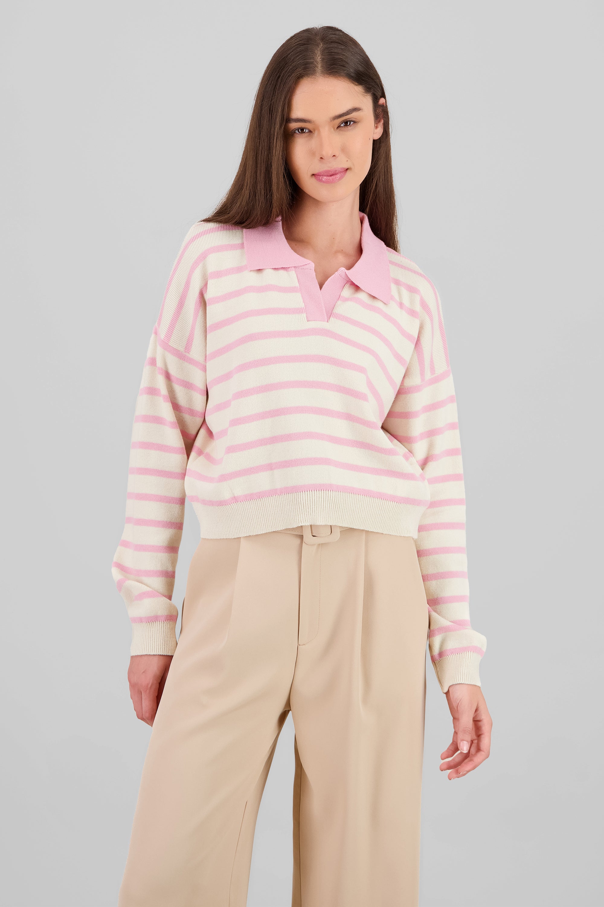 Striped Polo Sweater Long Sleeve Hypsters PINK COMBO