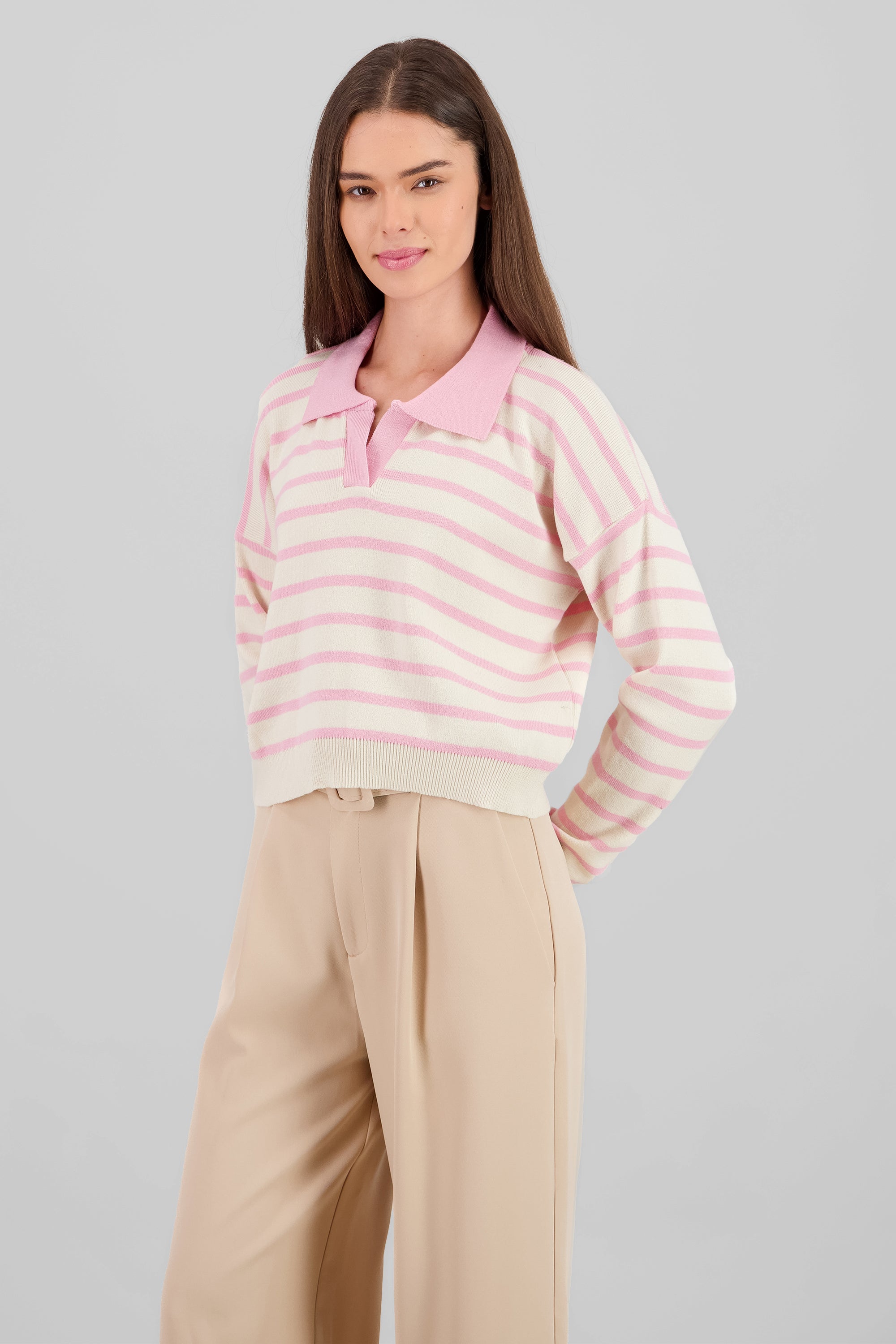 Striped Polo Sweater Long Sleeve Hypsters PINK COMBO