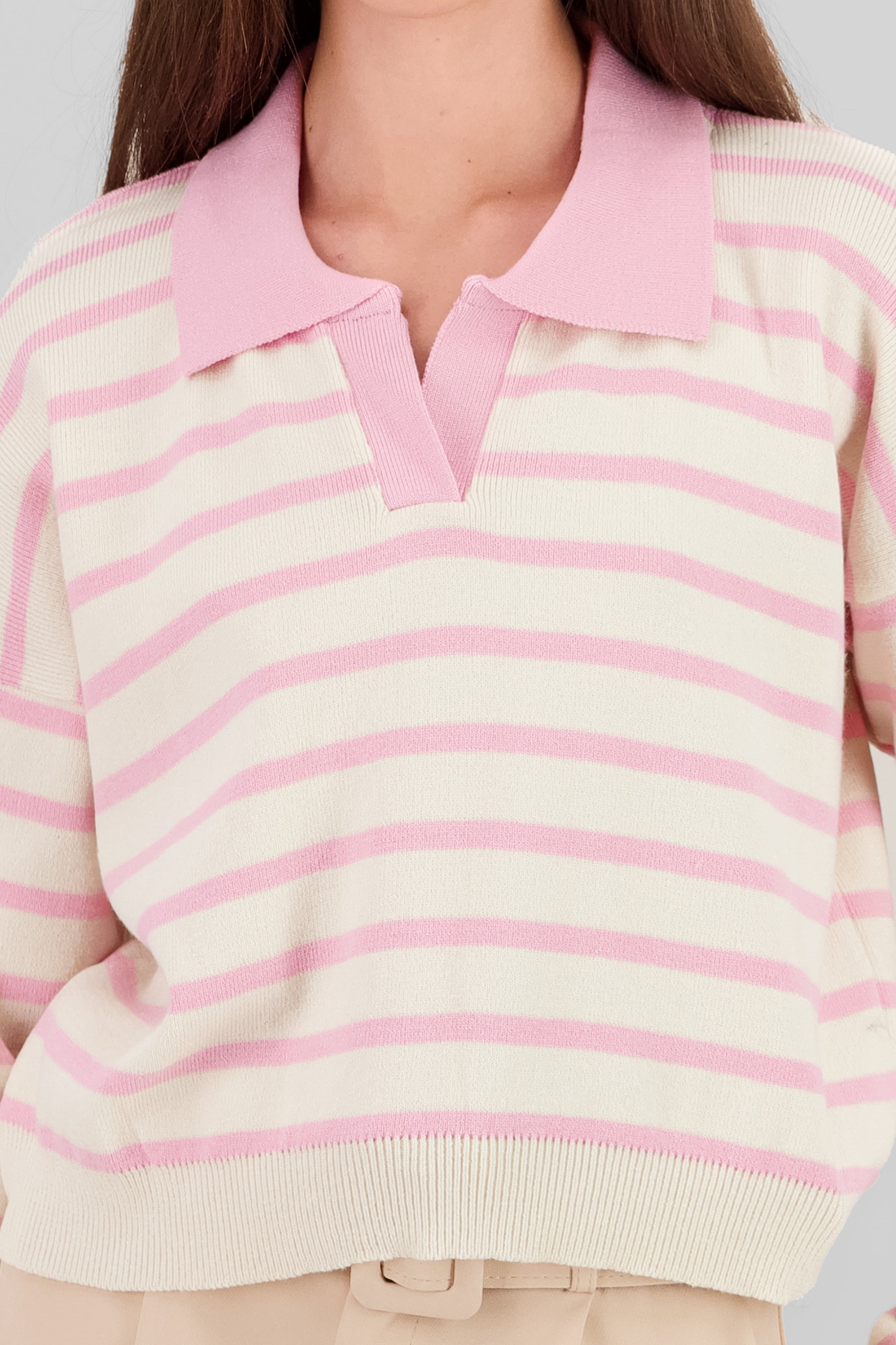 Striped Polo Sweater Long Sleeve Hypsters PINK COMBO