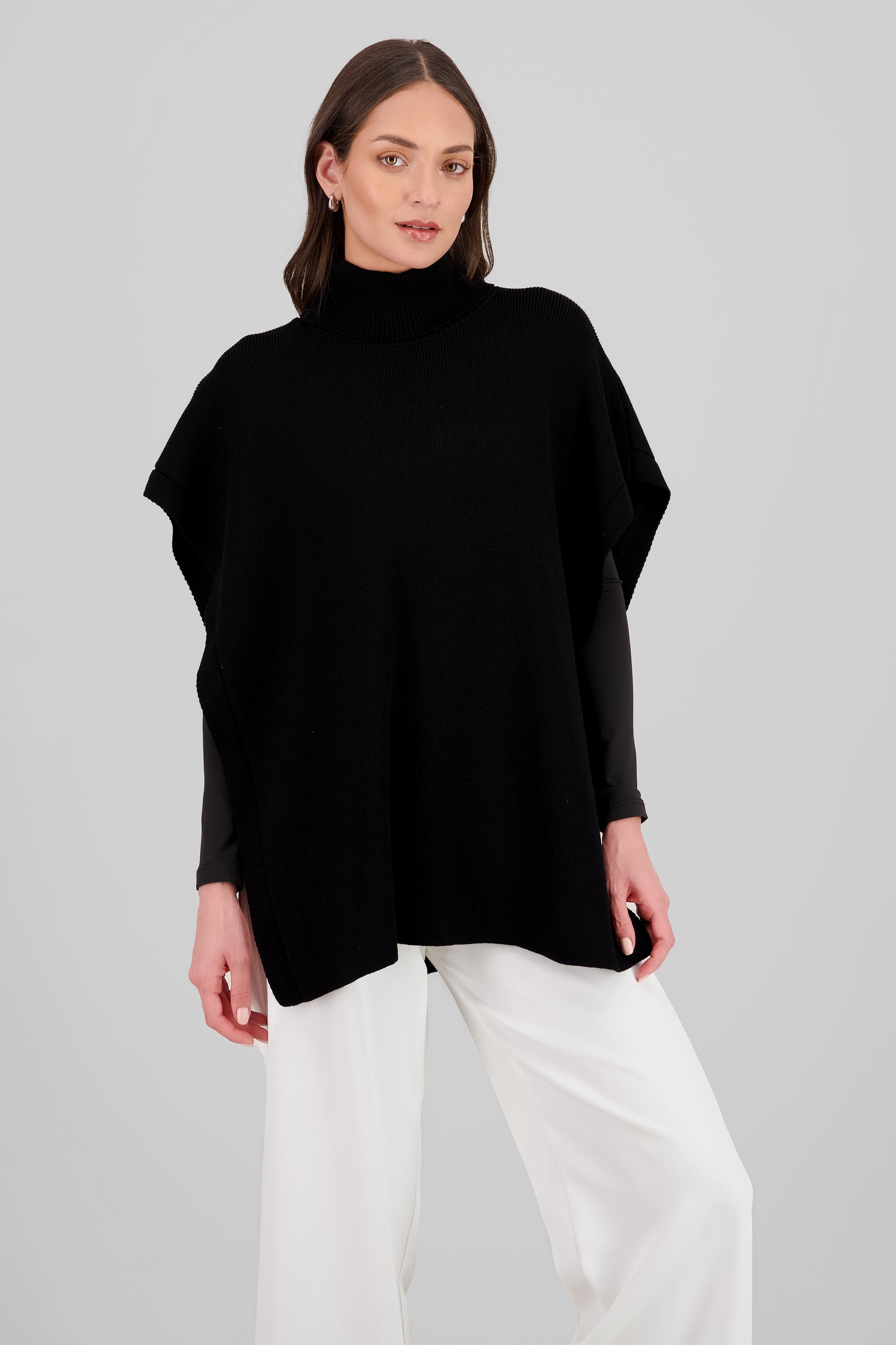 High Neck Sleeveless Poncho BLACK